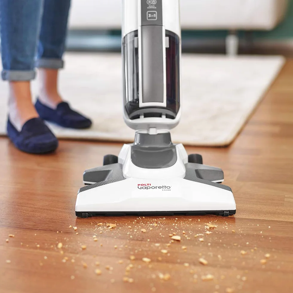 Polti Vaporetto 3 Clean, 3 w 1: mop parowy, odkurzacz bezworkowy i przenośny odkurzacz parowy, 12 akcesoriów w zestawie, 1800 W, biały/szary