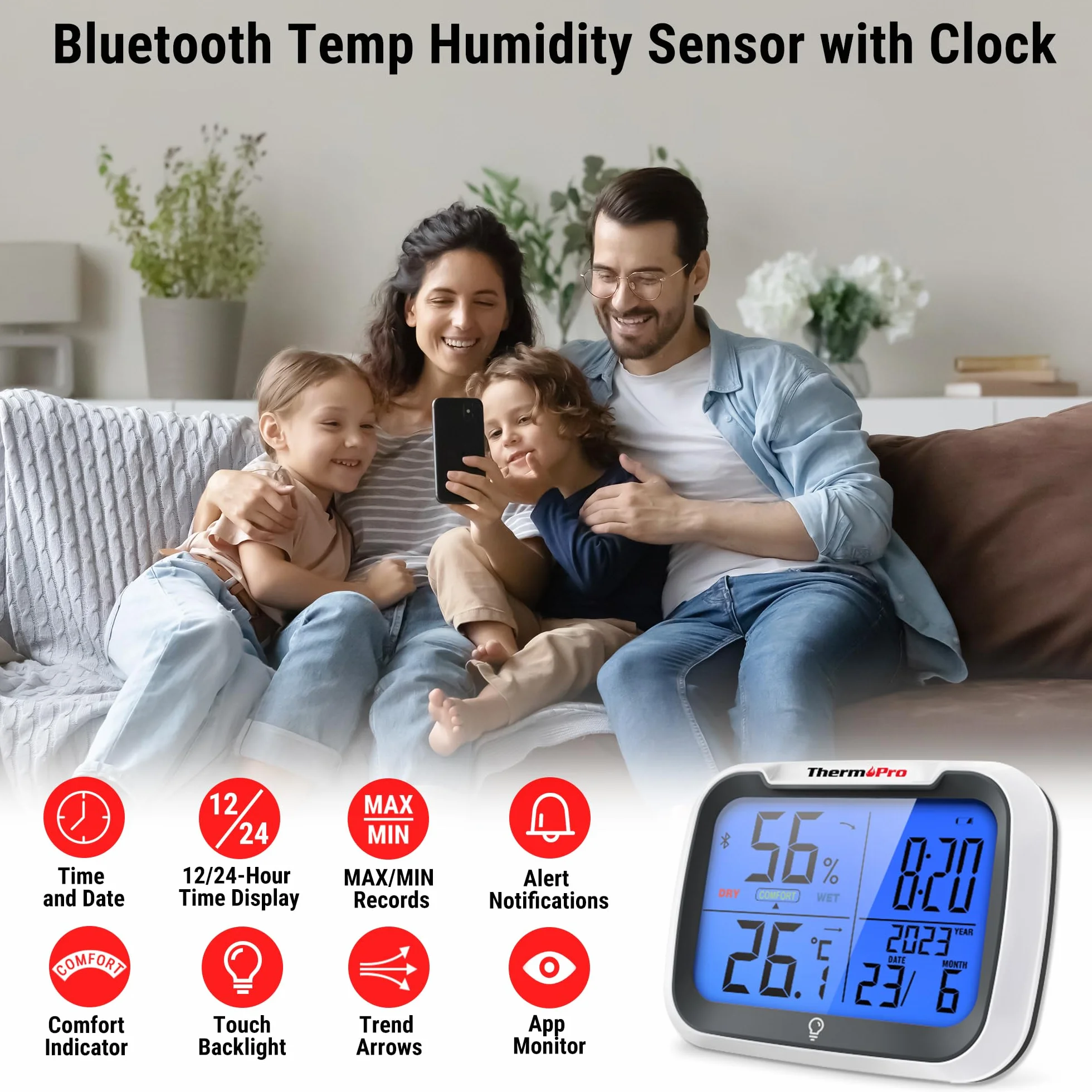 ThermoPro TempPro Termometr wewnętrzny z zegarem domowym, automatyczna synchronizacja danych przez Bluetooth, podświetlany zegar do sypialni, biura