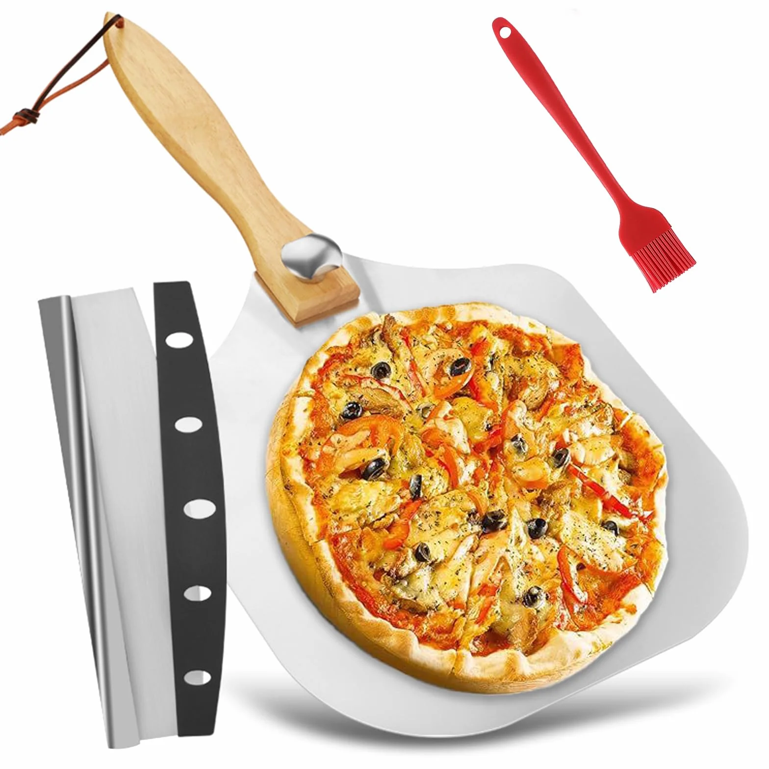 Łopatka do pizzy ze stali nierdzewnej, zestaw łopatek do pizzy, 30 cm, składana, z drewnianym uchwytem, nóż do pizzy i pędzlem do oleju, akcesoria do pieczenia, pizzy, chleba