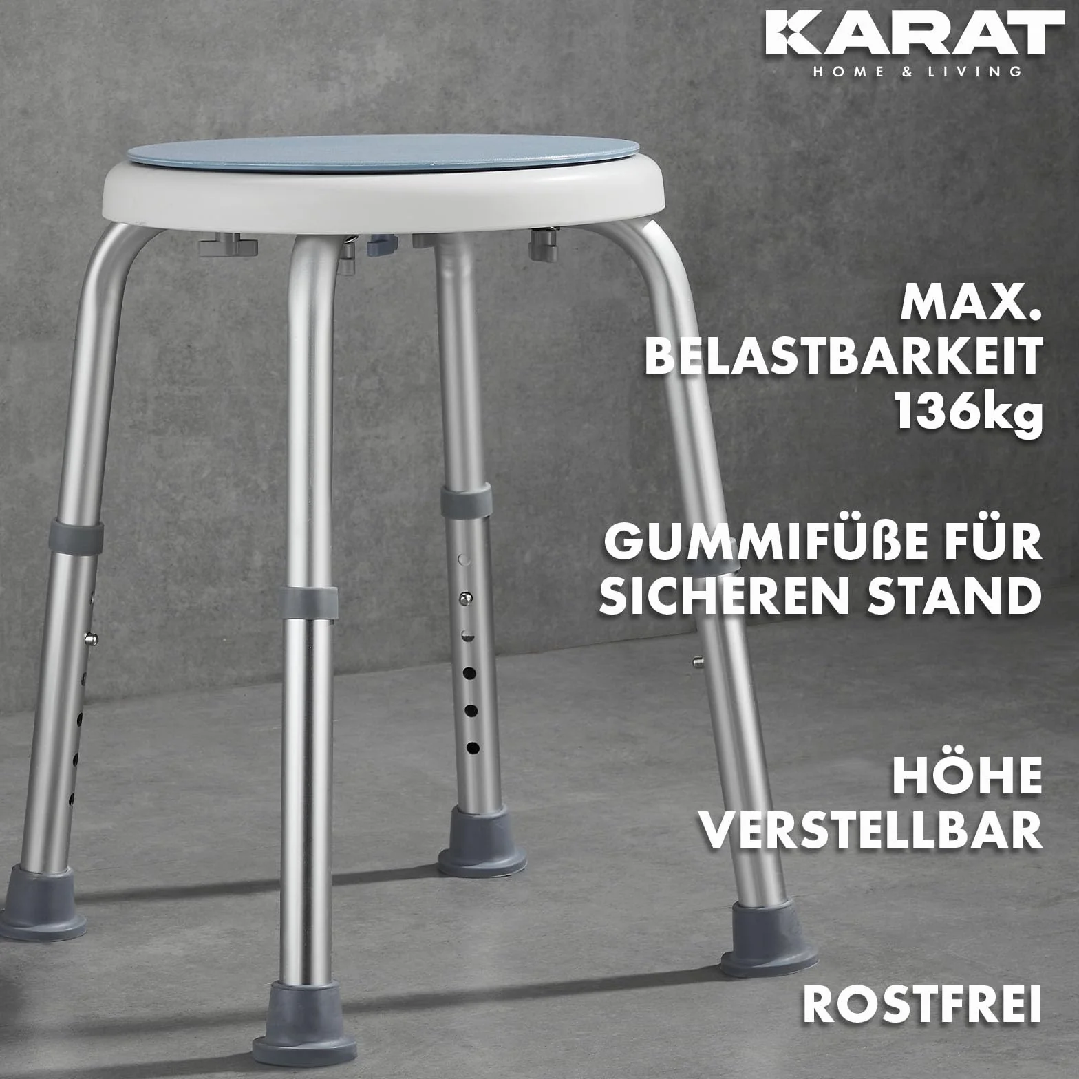 KARAT Taboret prysznicowy obracany 360° krzesło prysznicowe 150 kg z regulacją wysokości antypoślizgowe