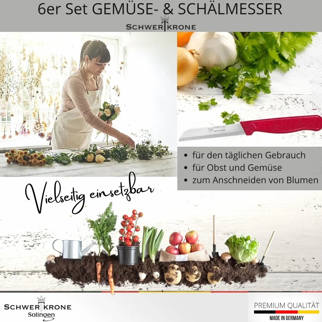 Schwertkrone® Zestaw 6 noży szybkich [WYROBIONEO W SOLINGEN - NIEMCY] - nóż do warzyw, nóż do owoców - długi, ostry, ząbkowany nóż kuchenny - nóż do krojenia ziemniaków - nóż uniwersalny (6x ostrze 9
