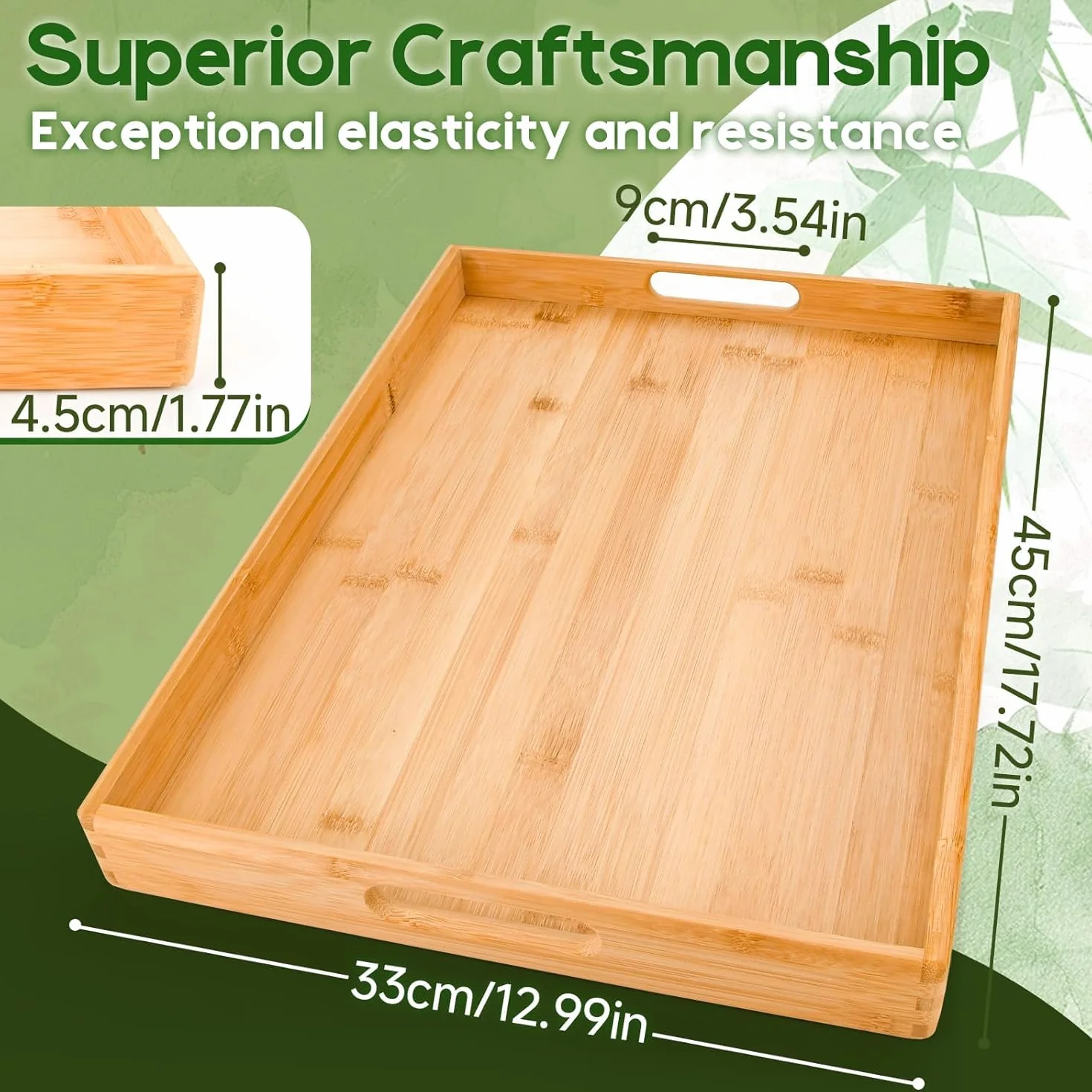 Taca Do Serwowania Wykonana W 100% Z Bambusa, 45 X 33 X 5,5 CM,Prostokątna, Duża, Odporna Na Pleśń, Idealna Na Herbatę, Śniadanie,Stolik Kawowy, Dekorację Łóżka