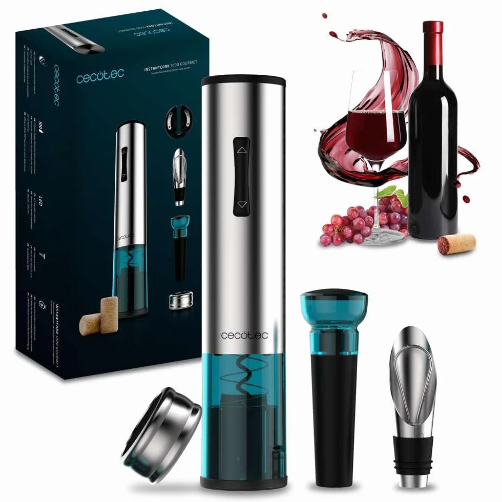 Cecotec Elektryczny korkociąg InstantCork 1000 Gourmet. Otwiera butelki w zaledwie 8 sekund, zasilany 4 bateriami, światło LED, stalowa igła śrubowa, korpus ze stali nierdzewnej