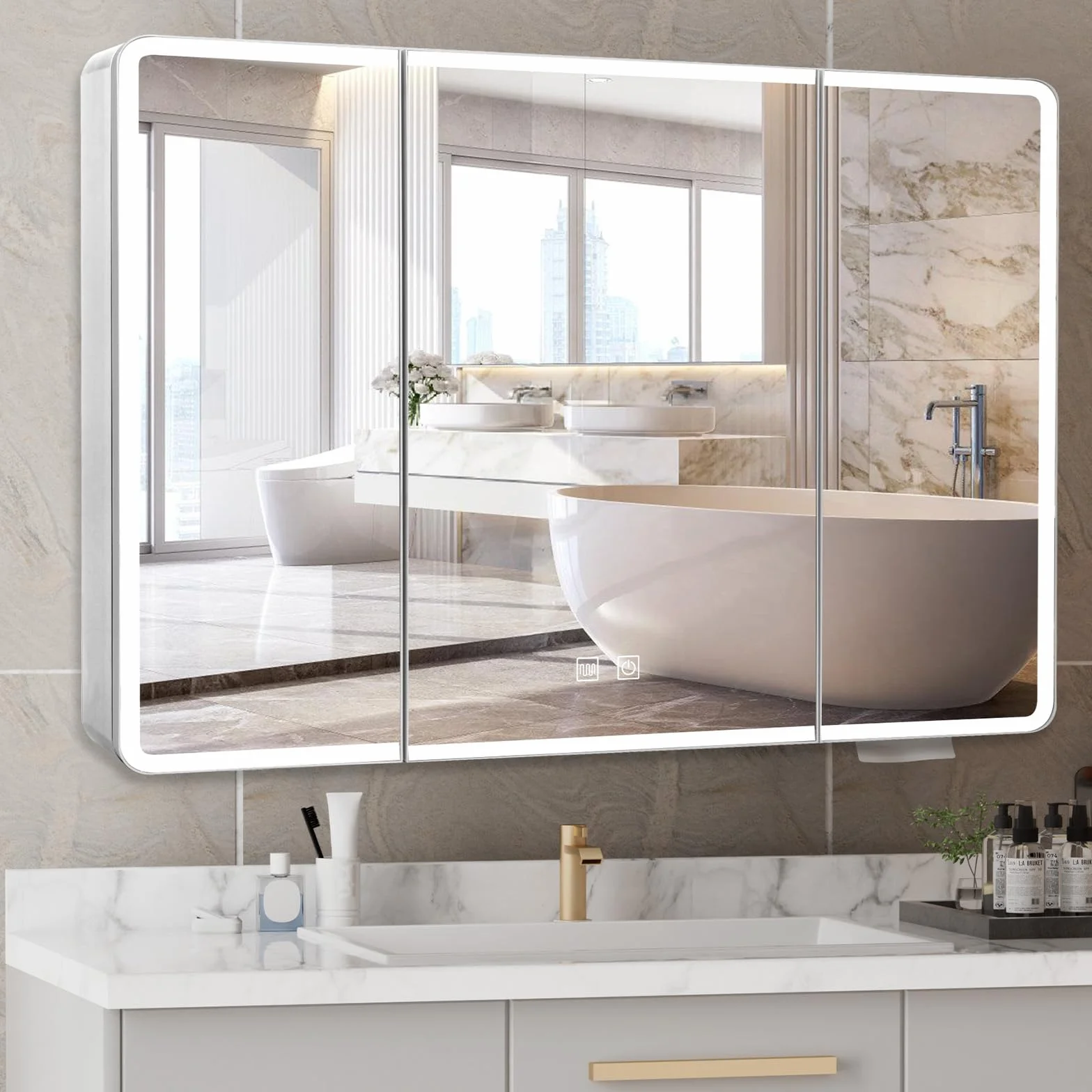 Łazienkowa szafka z lustrem z oświetleniem LED, możliwość ściemniania, 100 x 13 x 70 cm, z 3 drzwiami i 8 półkami, sterowanie dotykowe, biała + piaskowa biel