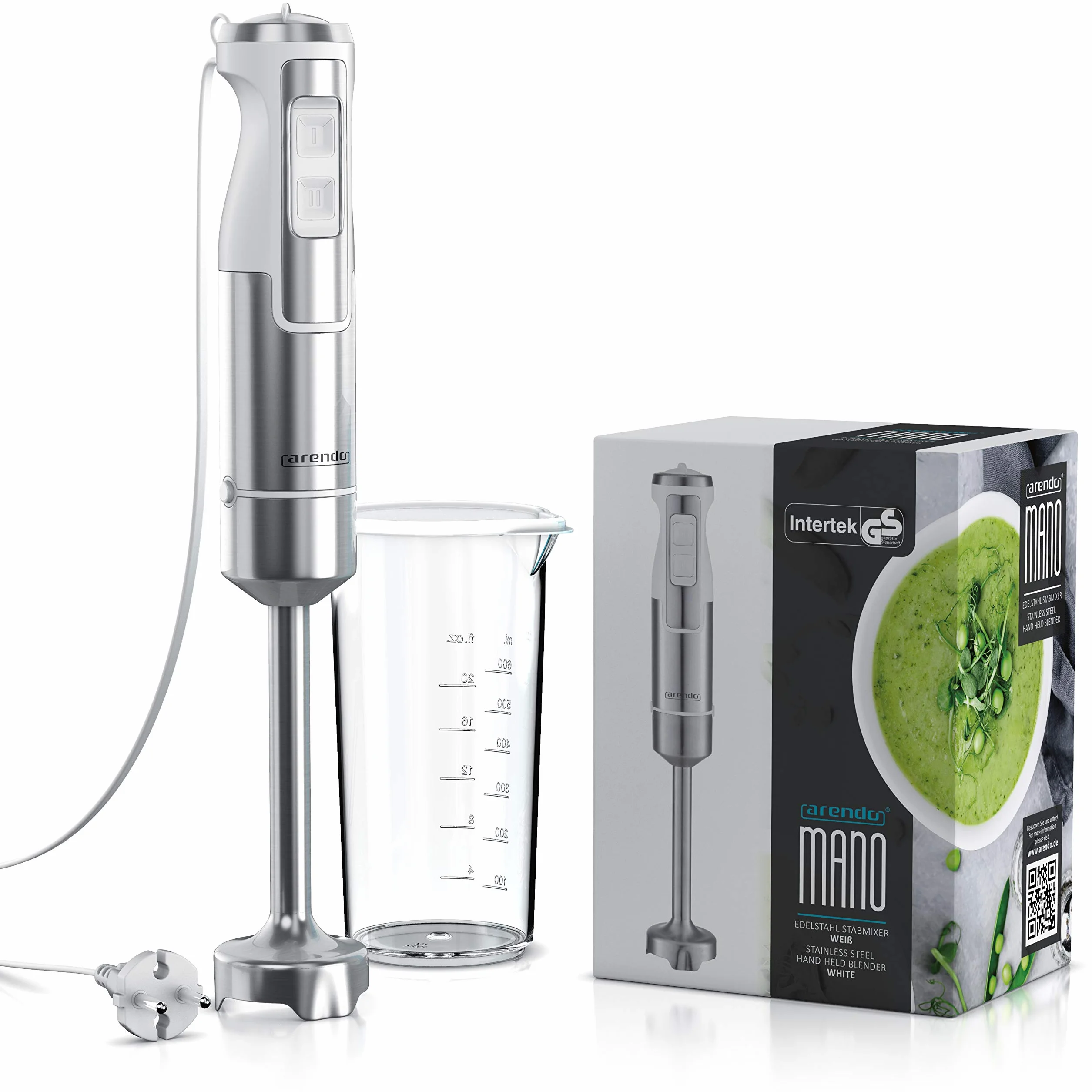 Arendo - Blender ręczny 1000 W - blender ze stali nierdzewnej - blender - czterolistny nóż - bezstopniowa regulacja prędkości - przycisk turbo - mocny silnik 1000 W - GS - z miarką - biały