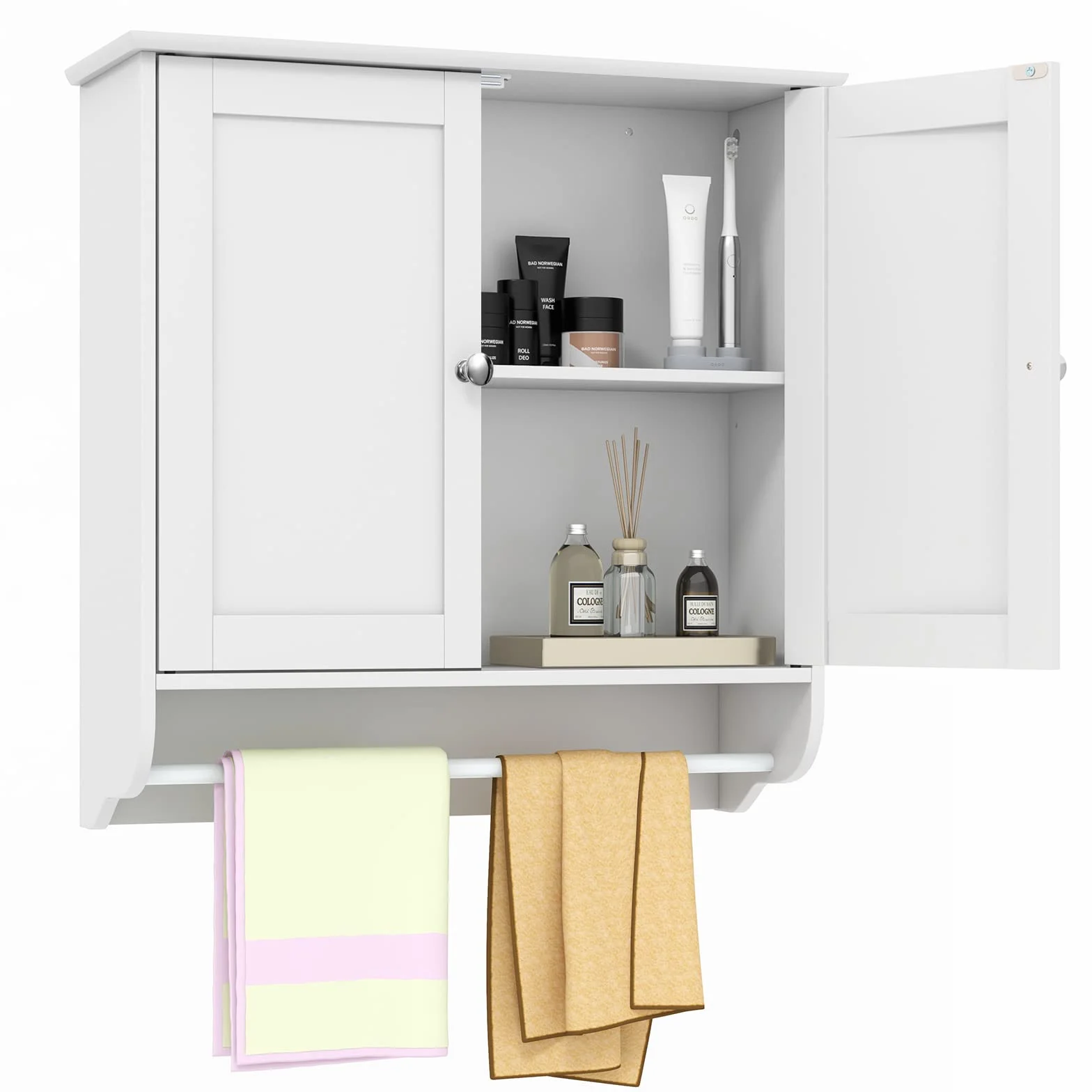 COSTWAY Szafka łazienkowa wisząca z uchwytem na ręczniki drewniana 60x21x61 cm biała