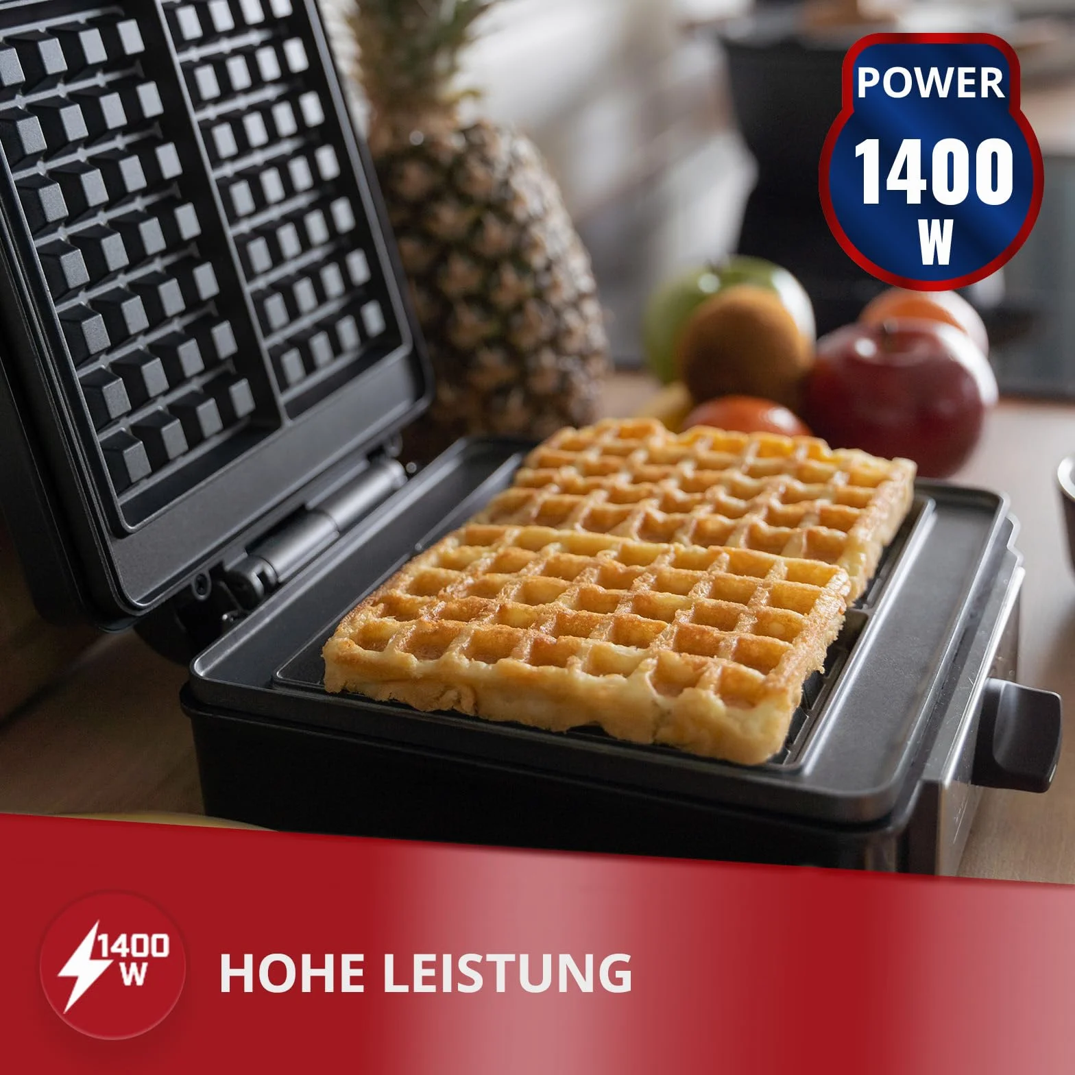 MPM - MGO13 - Gofrownica do jednoczesnego przygotowania dwóch gofrów – Duże puszyste wypieki – Płyty z powłoką nieprzywierającą - Termostat - 1400 W – Kolor czarny