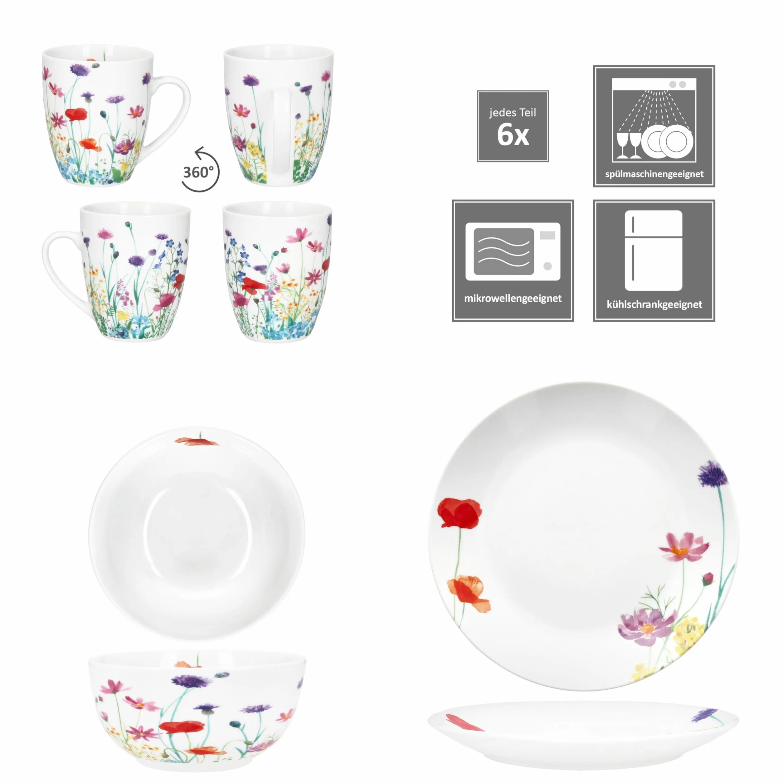 MamboCat Marie 18-częściowy zestaw śniadaniowy, porcelanowe naczynia z dekoracją łąki kwiatowej dla 6 osób, po 6 talerzy, miski 400 ml i kubki 320 ml, na śniadanie i kawę