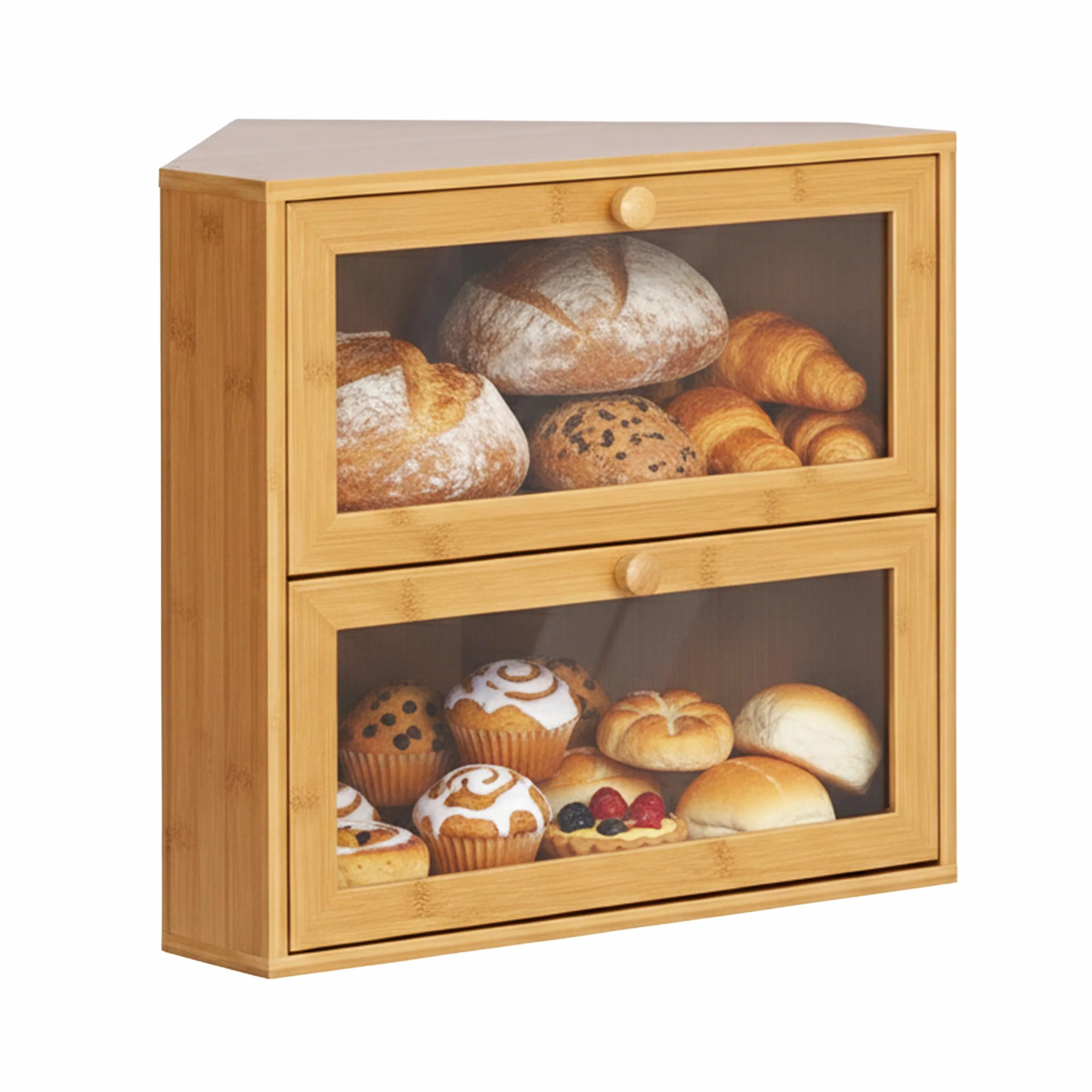 Relaxdays Narożny chlebak bambusowy, 2 poziomy, chlebak z okienkiem, wys. x gł.: 35 x 40 x 27,5 cm, pudełko na pieczywo nie zajmuje dużo miejsca, kolor naturalny