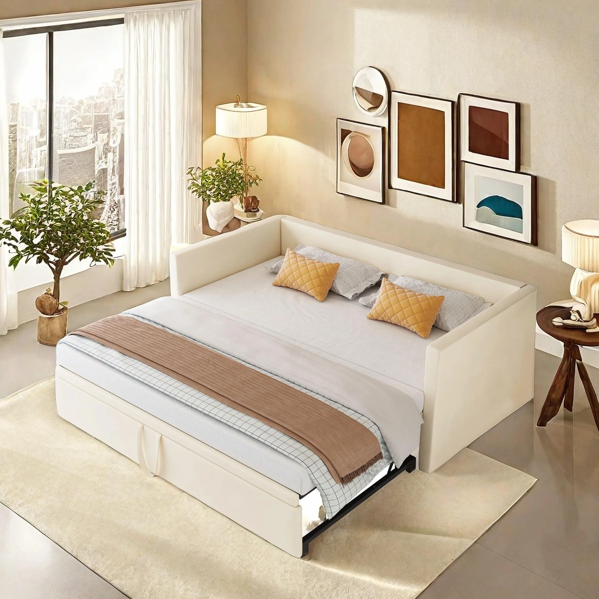 DULRLLY Aksamitna rozkładana sofa z łóżkami wysuwanymi, rozkładana sofa 2-osobowa, 90, 180 x 200 cm, ze stelażem listwowym, do salonu, mieszkania, beżowa