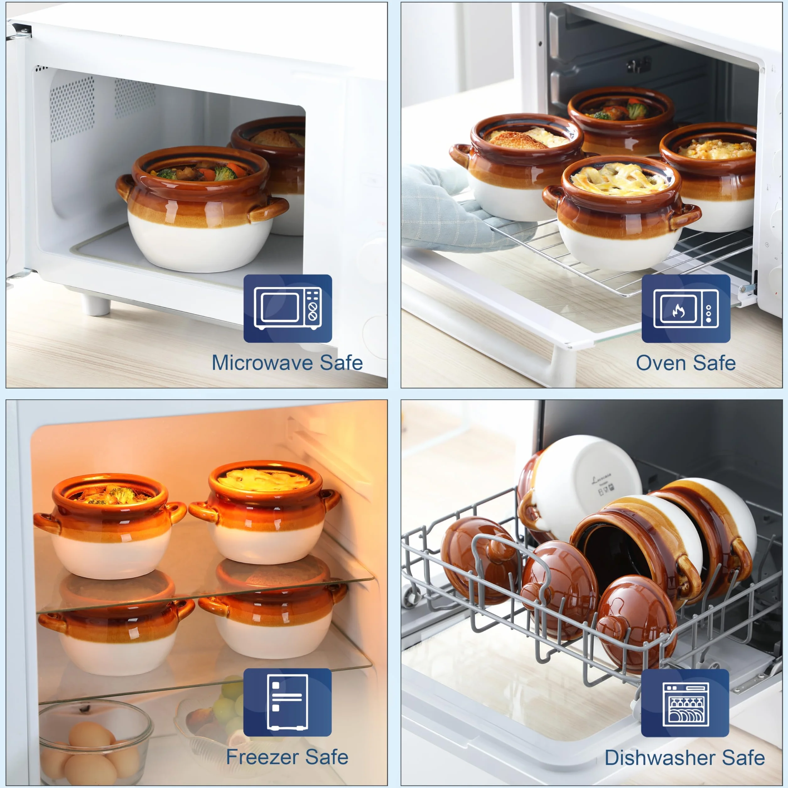 LOVECASA Francuskie miski do zupy cebulowej z uchwytami, pokrywkami i serwowania, ceramiczne, nadają się do piekarnika, chili, gulasza wołowego, płatków, lasagne, 4 szt.