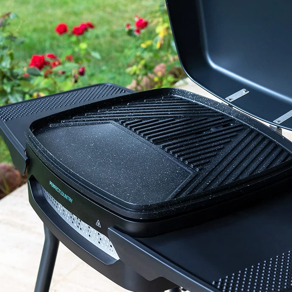 Cecotec Grill elektryczny Perfect Country 2000 EasyMove 2000 W, powierzchnia mieszana i nieprzywierająca, pokrywa na zawiasach, regulowany termostat, taca tłuszczowa, stalowe nogi i kółka.