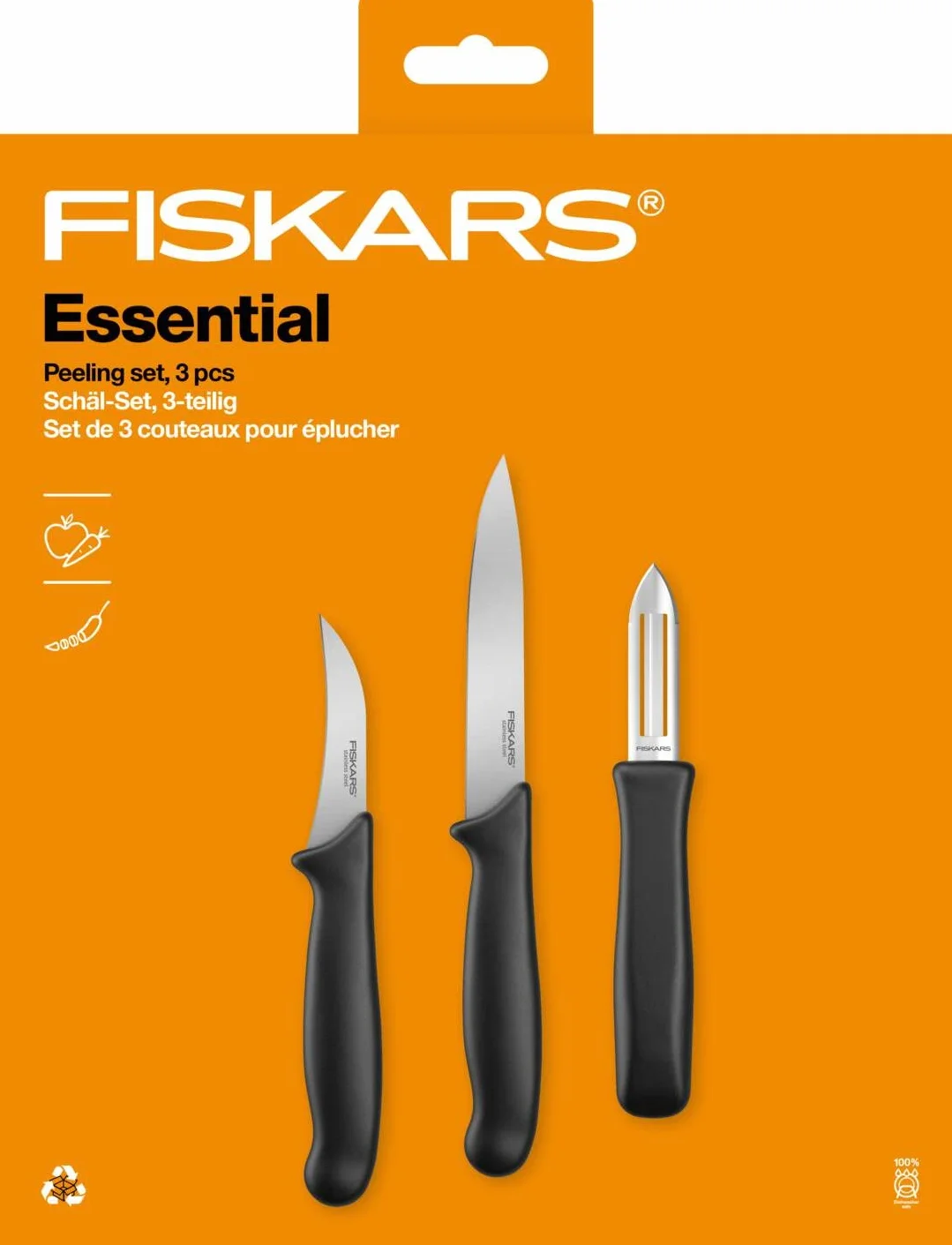 Fiskars Zestaw do obierania Fiskars, 3 części, nóż do obierania (ostrze 11 cm), nóż do warzyw (ostrze 7 cm), obieraczka (ostrze 7 cm), Essential, stal nierdzewna / tworzywo PP, czarny, 1065600