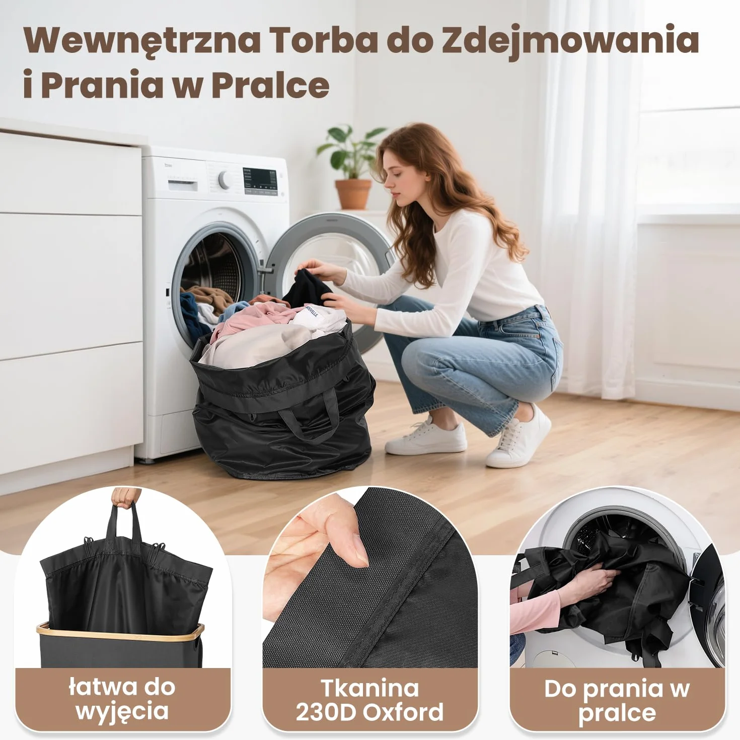 OUSFOT Kosz na bieliznę z pokrywką, 105 l, duży kosz na bieliznę z bambusowymi uchwytami, wodoodporna tkanina Oxford 600D ze zdejmowaną torbą, do pralni, sypialni, salonu, czarny