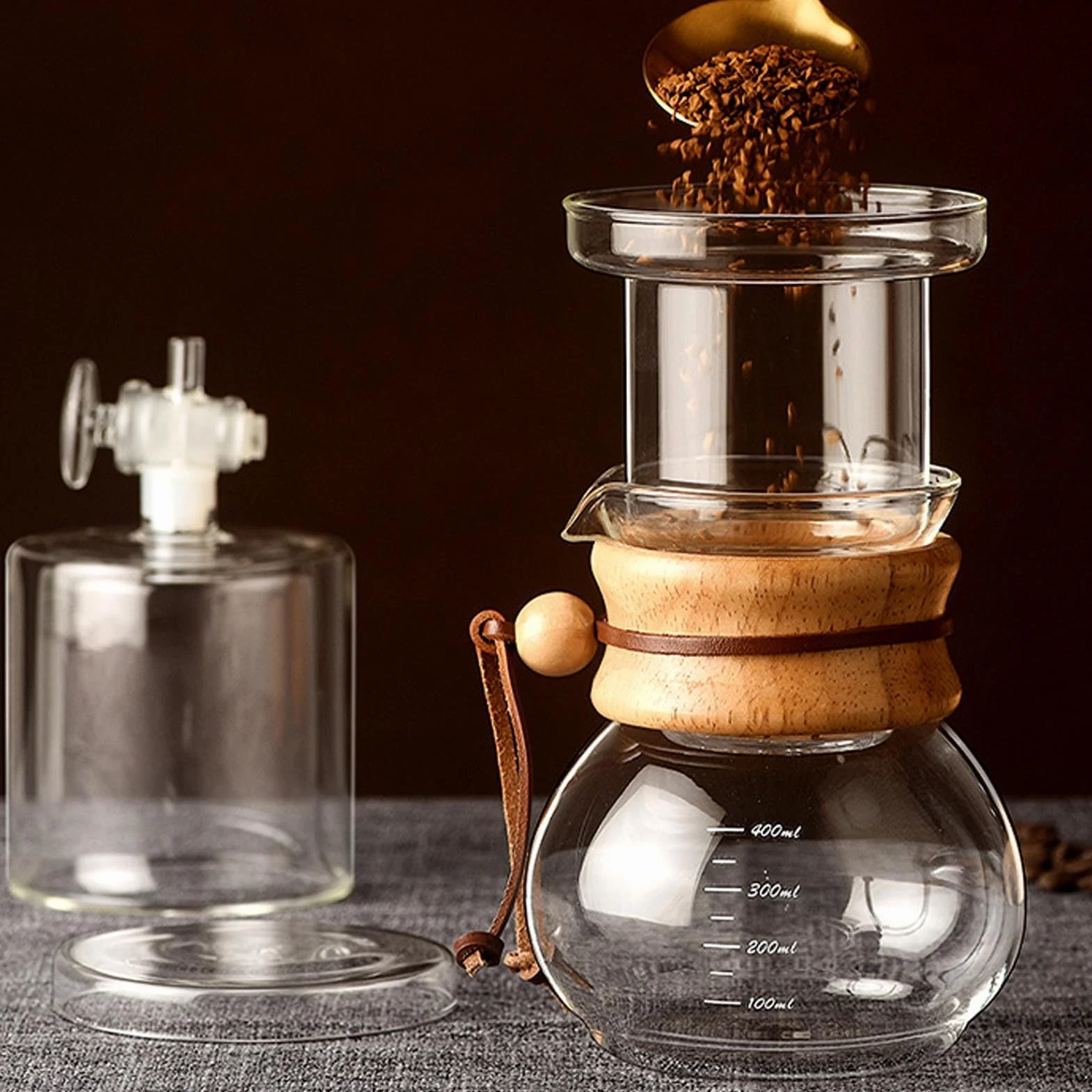 AUNMAS Ekspres do Kawy Mrożonej Ice Cold Brew Dripper, 400 Ml, Przezroczysty Szklany Ekspres do Kawy Mrożonej Cold Brew Drip Tower z Papierowymi Filtrami do Domu, Biura, Kawiarni,