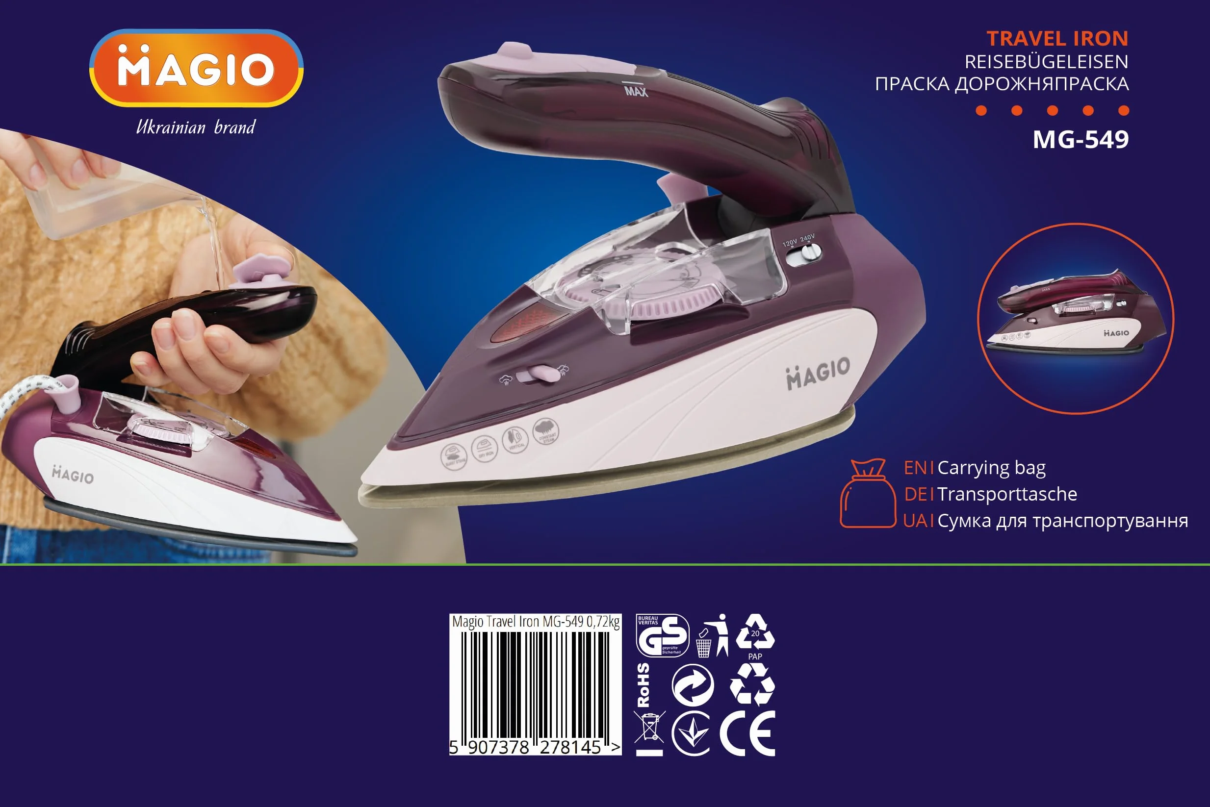 MAGIO Żelazko turystyczne parowe | 1100W | Składana rączka | Podwójne napięcie 120V-240V | Mini żelazko 0,7 kg | Ceramiczna stopa | Regulator temperatury