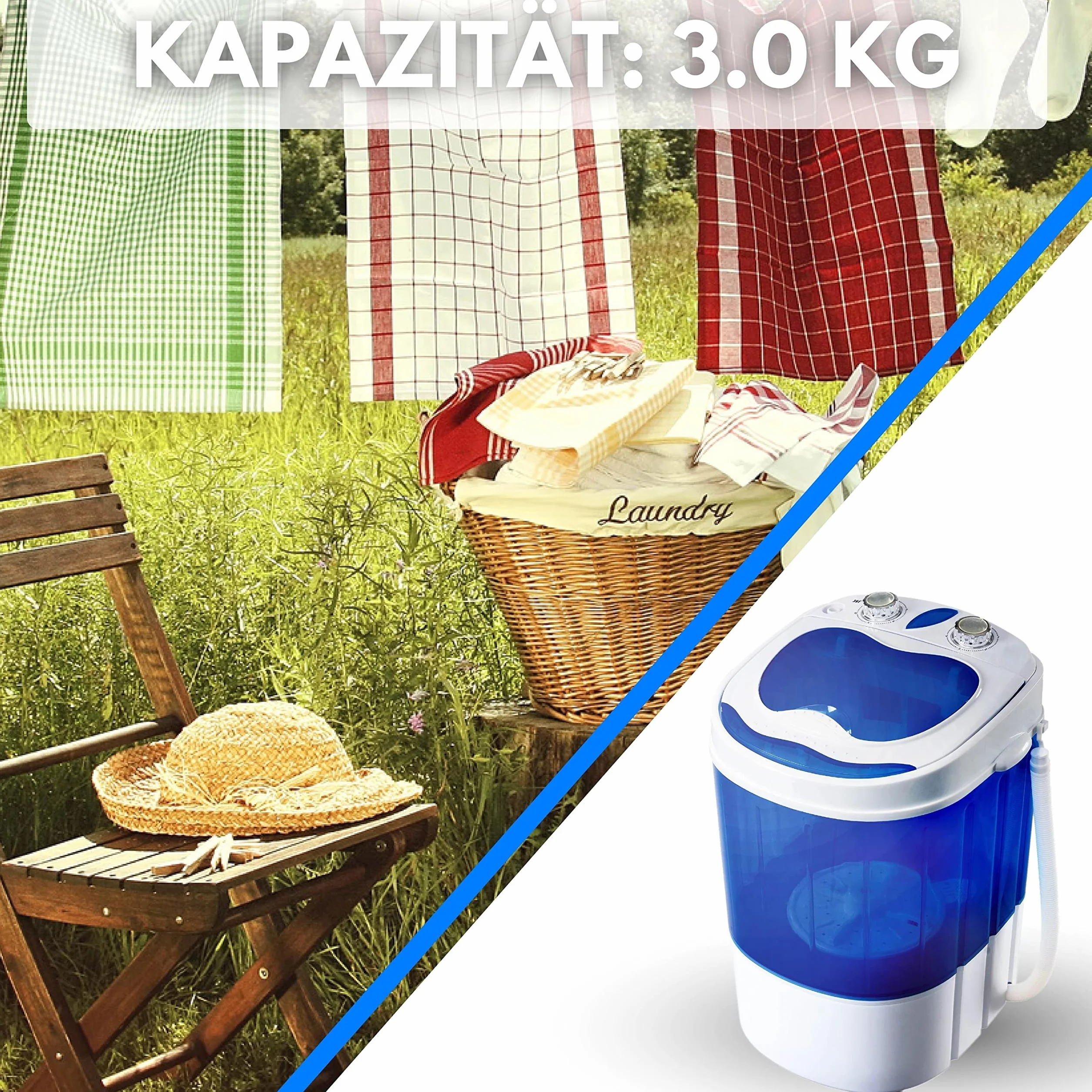 Pralko-wirówka, pralka automatyczna do 3 kg, pralka turystyczna, minipralka, na kemping, przenośna, ładowana od góry (1 komora)