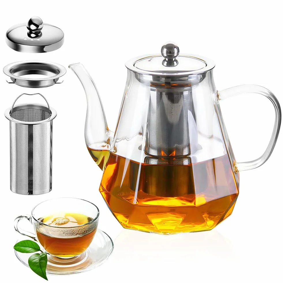 Dzbanek do herbaty, szklany dzbanek do herbaty, 1000 ml, z sitkiem, szklany dzbanek do herbaty, odporny na wysokie temperatury, szkło borokrzemowe, zestaw do zaparzacza do herbaty, do czarnej