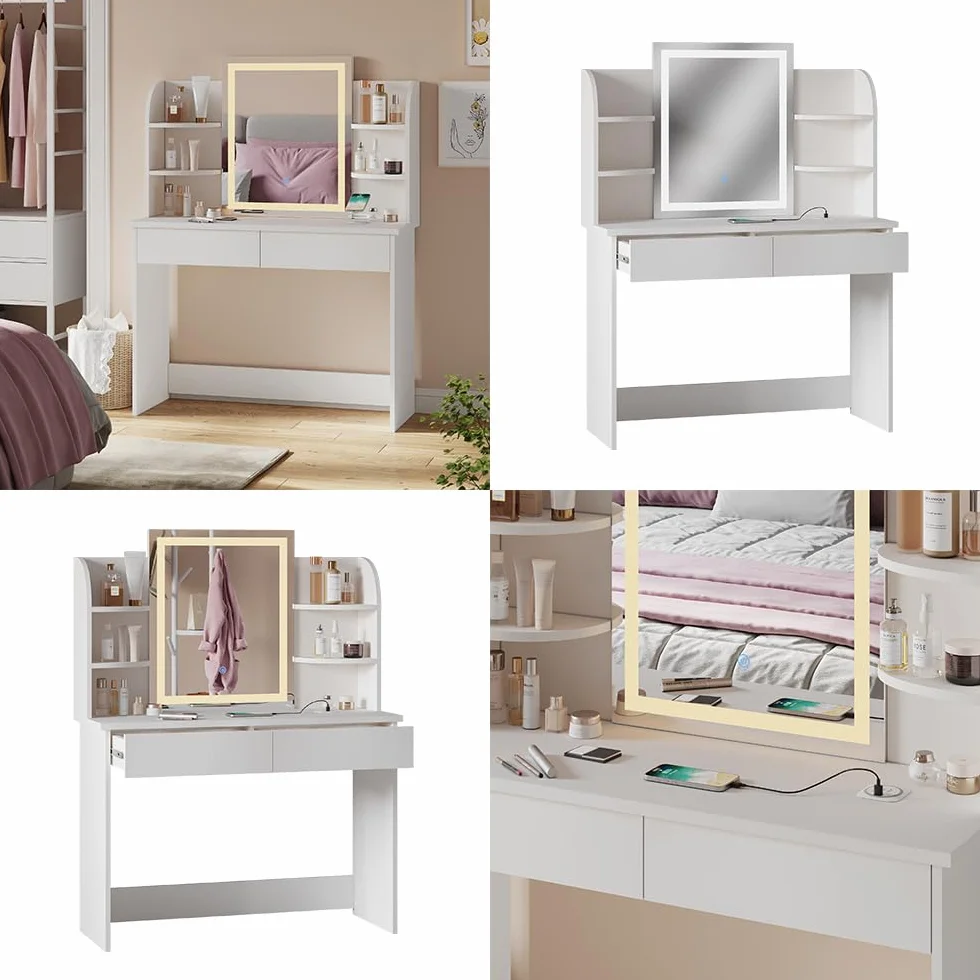 Vicco Toaletka "Charlotte", Biały, 106 cm z lusterkiem LED i stacją ładującą QI