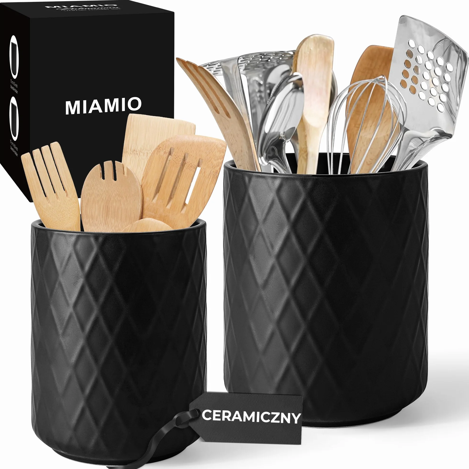 MIAMIO – Pojemnik na Przybory Kuchenne Ceramiczny / Zestaw Organizatorów Kuchennych, Dekoracja Wiejska do Organizacji Blatu i Przechowywania Sztućców, Łyżek Kuchennych (Czarny)