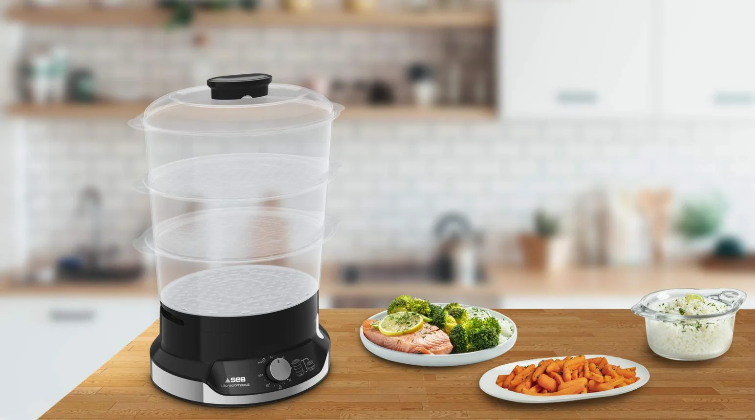 Tefal VC2048 Ultracompact parowar | system przechowywania w stos | zdrowe gotowanie | 3 nasadki bez BPA | timer 60-minutowy | napełnianie podczas gotowania | pojemność 9 l | w zestawie wkład do ryżu |