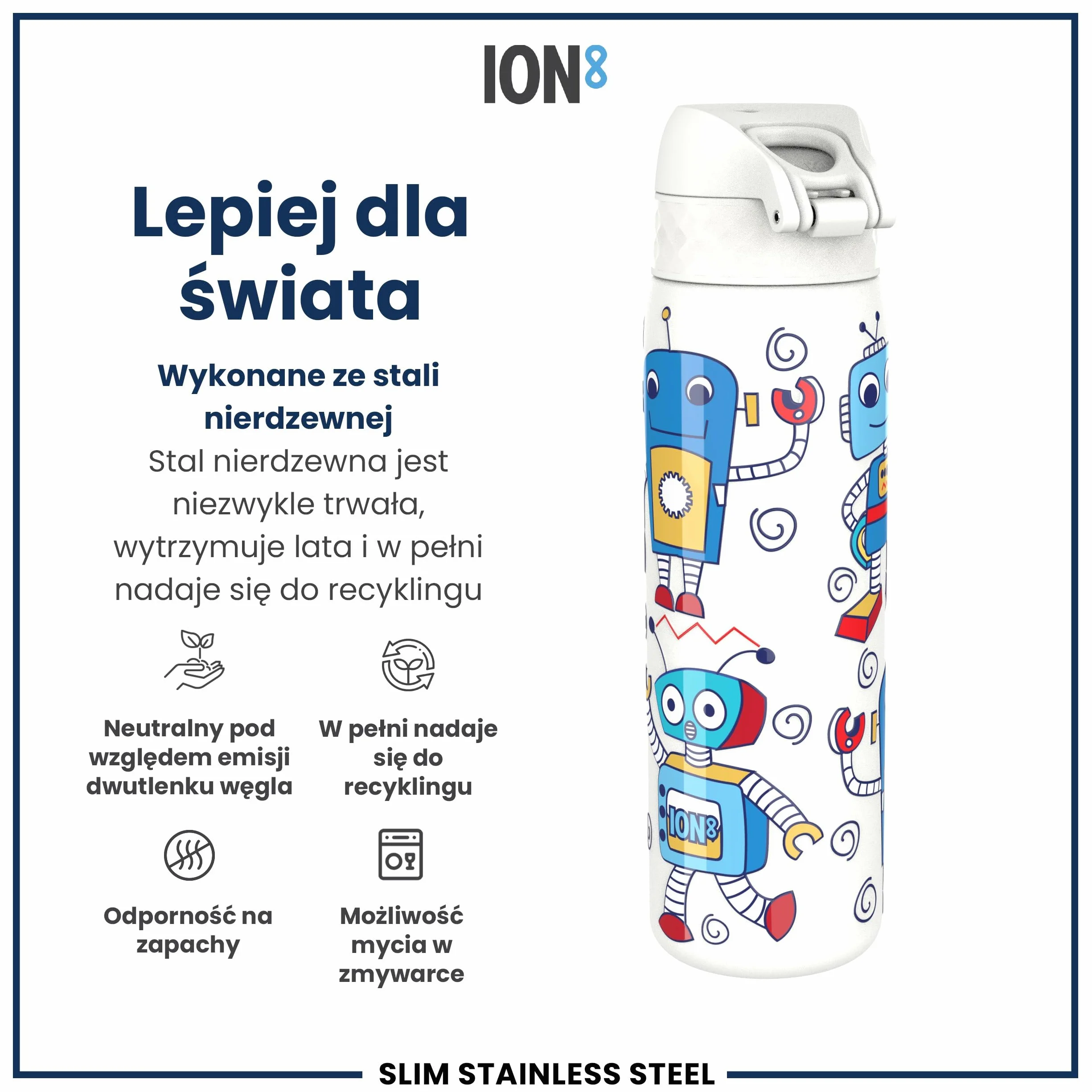 ION8 Butelka na Wodę ze Lekki Stali, 600 ml/20 oz, Nieocieplany, Szczelna, Łatwe Otwieranie, Bezpieczny Zamek, Można Myć w Zmywarce, Higieniczne Pokrycie, Składany Uchwyt, Roboty