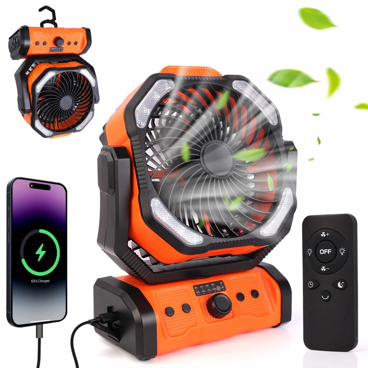 ELZO Wentylator kempingowy ze światłem LED, wentylator stołowy 20000 mAh z pilotem i hakiem, przenośny wentylator z możliwością ładowania o 270°, wentylator USB do domu na zewnątrz, na kemping