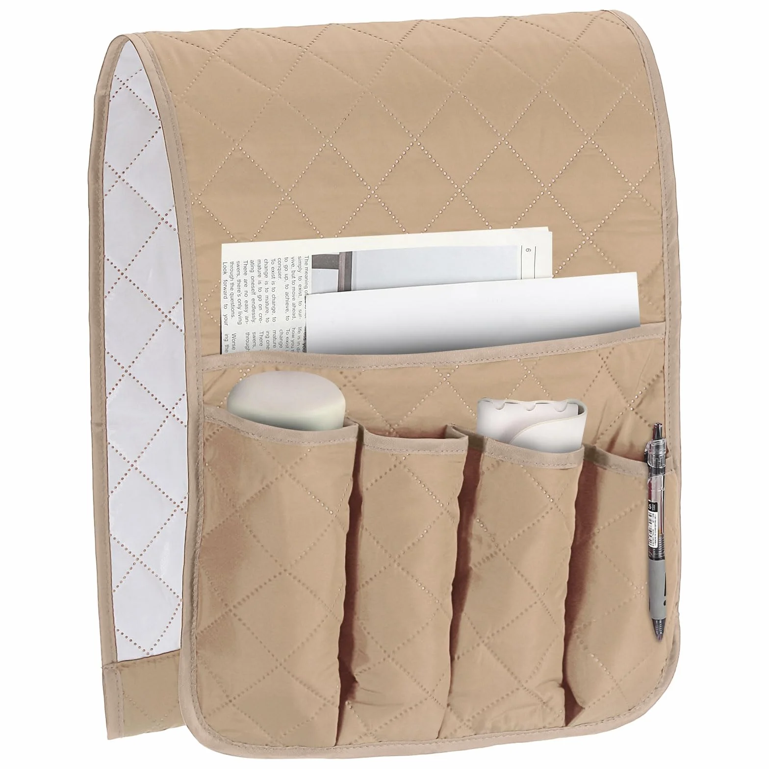 QUARKZMAN Caddy organizer na fotel do leżenia, podłokietniki z 5 kieszeniami, na stolik nocny, sofę, uchwyt na pilota zdalnego sterowania, czasopisma, książki telefoniczne, okulary, 1 sztuka (beżowy