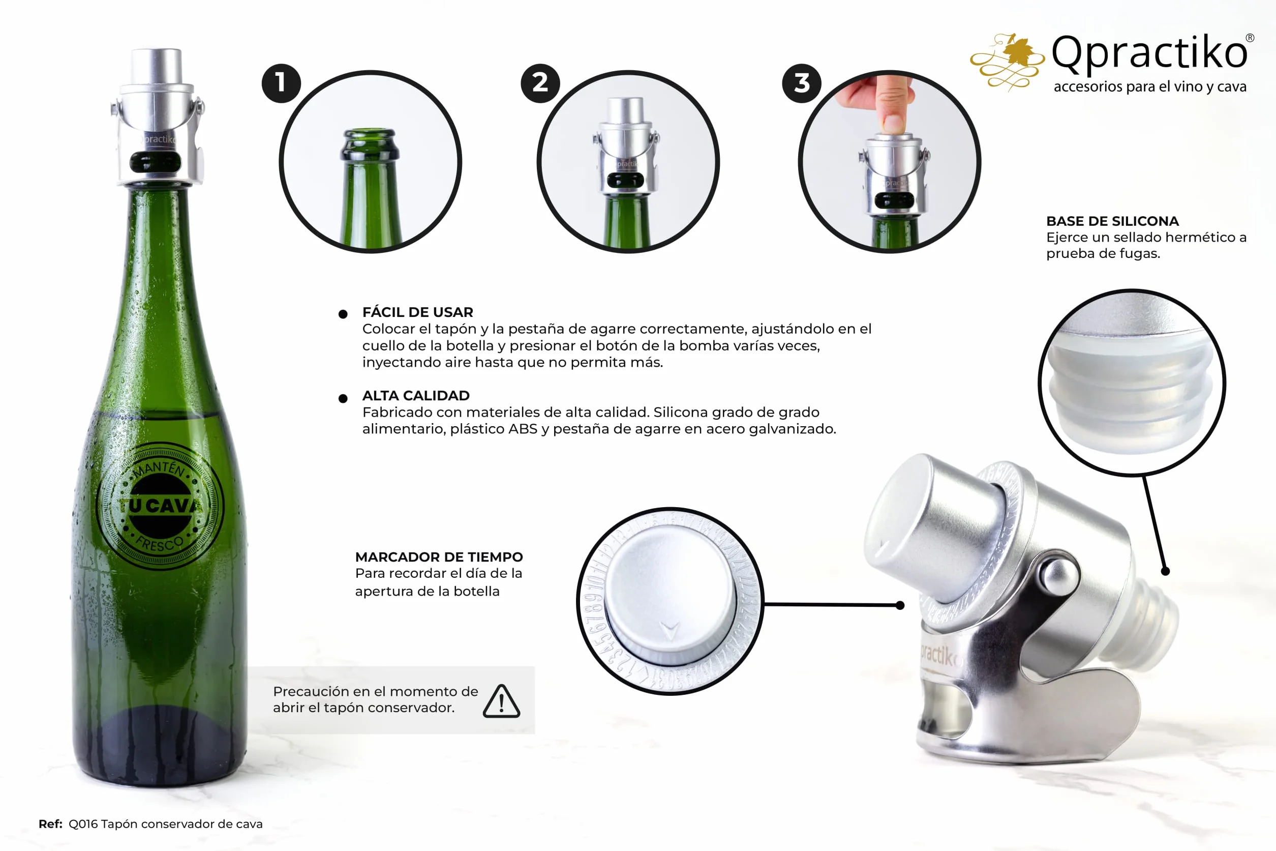 Korek do wina cava | Srebrny, ABS, silikon | Mechanizm chwytający, przycisk wstrzykiwania powietrza, znacznik czasu | Utrzymanie świeżości i bąbelków