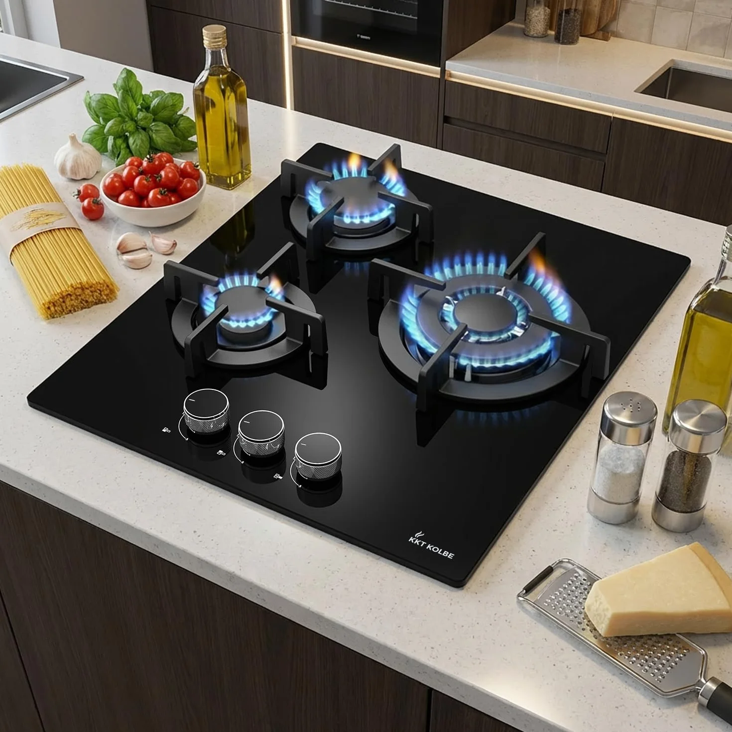 KKT KOLBE Płyta kuchenna gazowa 45 cm 6,2 kW 3 palniki Strefa Wok Bezramowa Żeliwne uchwyty