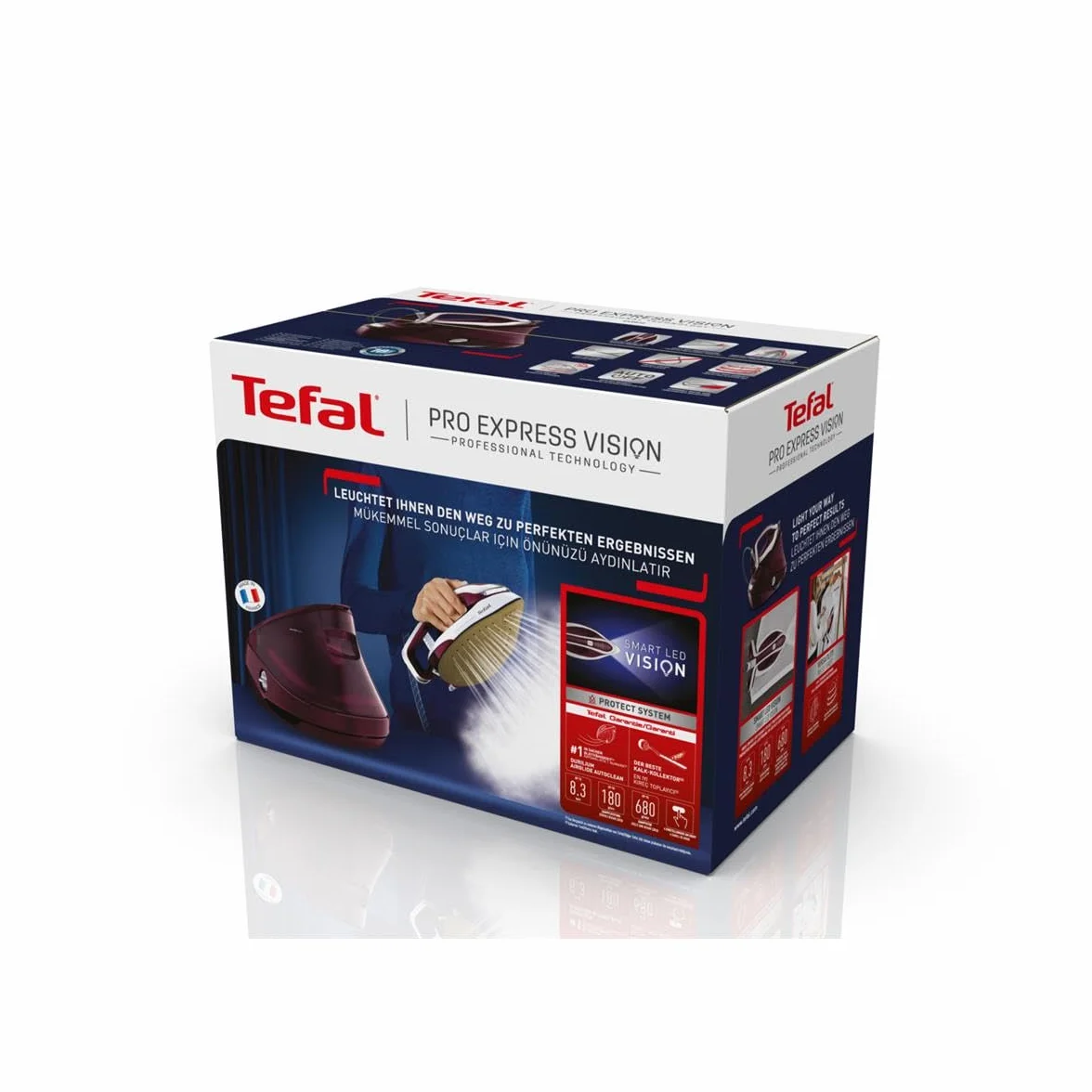TEFAL Pro Express Vision GV9810, Generator pary, Stacja parowa, Moc 3000 W, Stały wyrzut pary 180 g/min, Podświetlenie LED, Opcja prasowania w pionie, Pojemnik na wode 1,2 L,