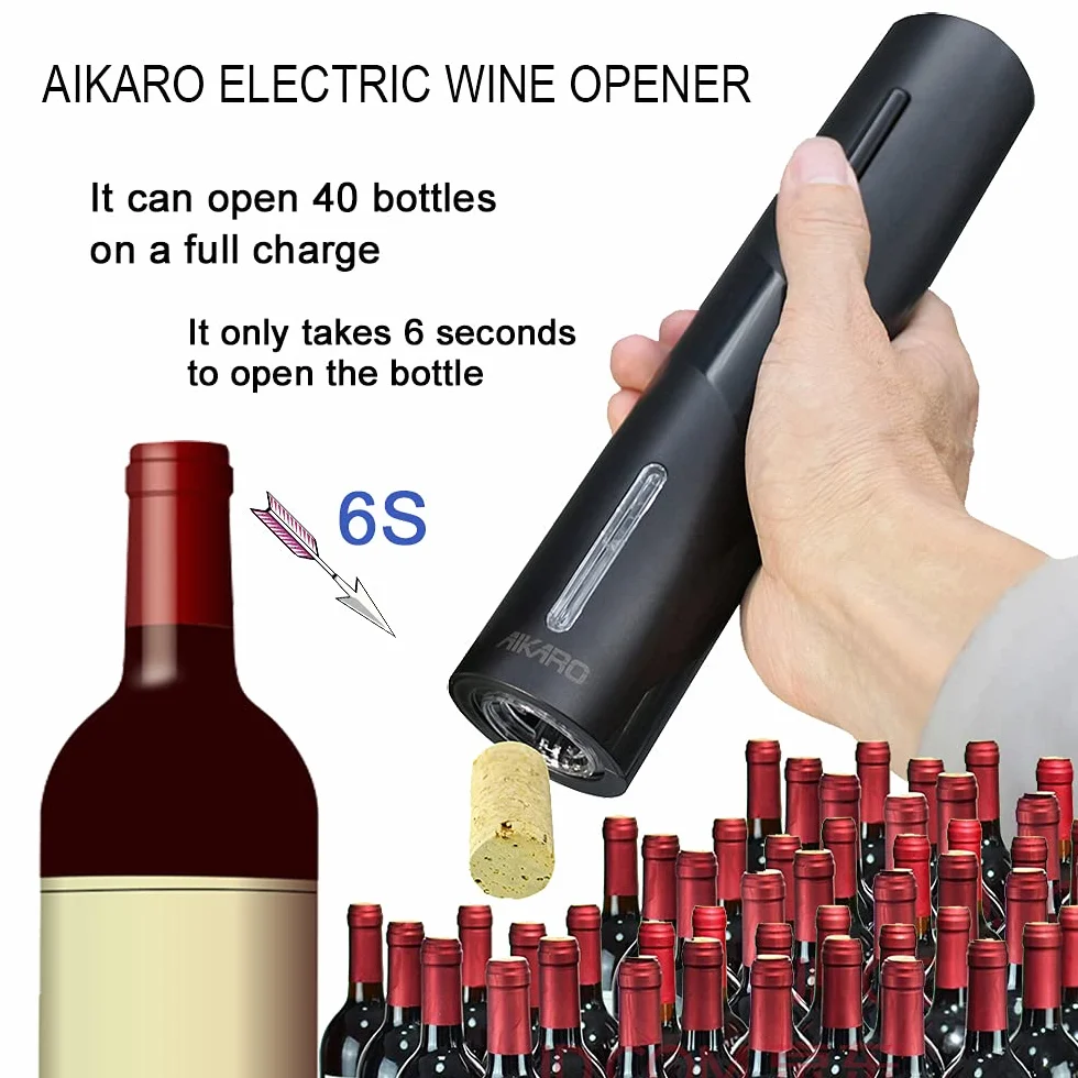 AIKARO - Elektryczny Otwieracz do Butelek Wina Automatyczny Elektroniczny Korkociąg, Ładowalny (Zestaw)