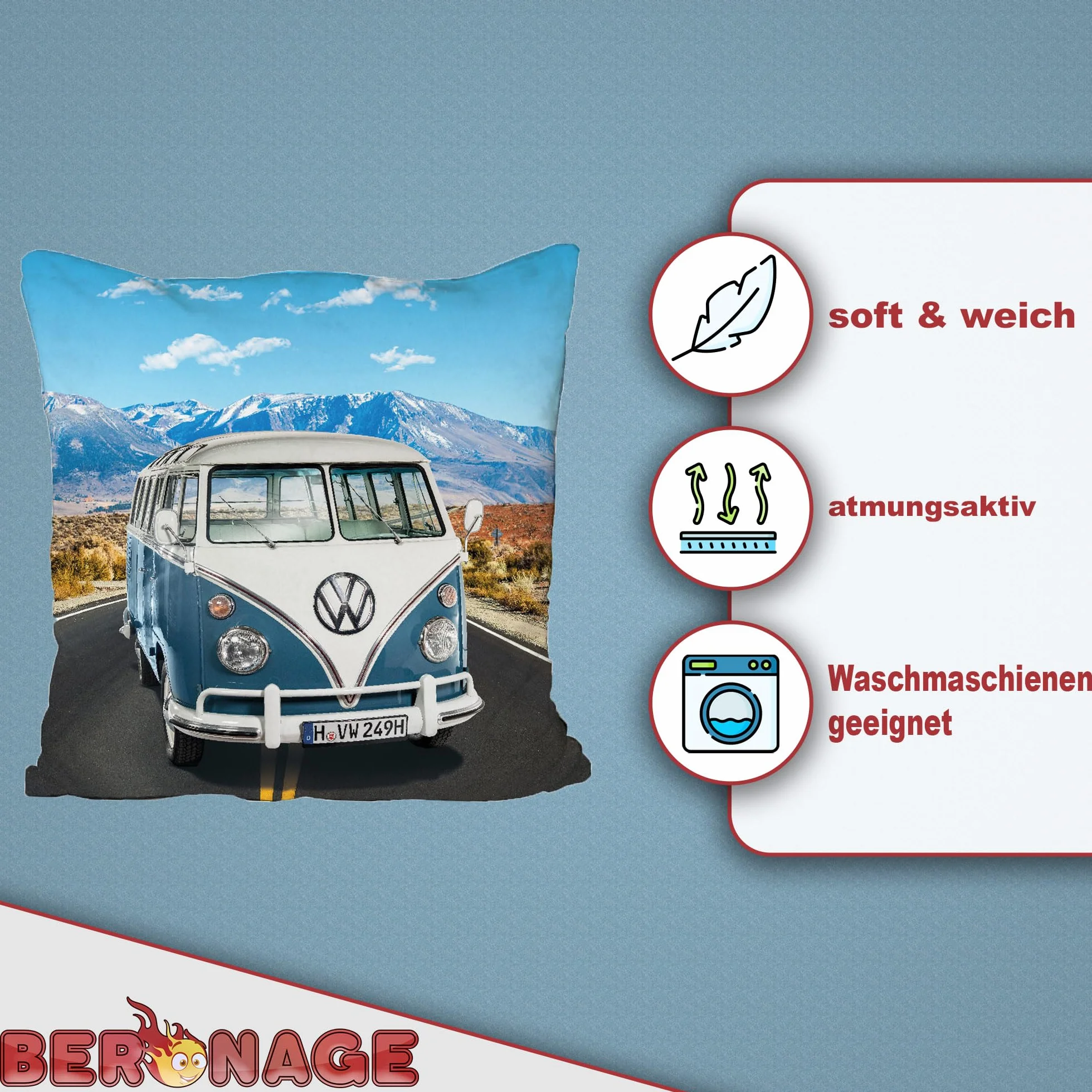 VW Volkswagen T1 dwustronna poduszka – niebieska, 40 x 40 cm, poduszka Bulli z 2 motywami, poszewka na poduszkę do kampera, idealna na sofę i łóżko, akcesoria do mieszkania, poduszka dekoracyjna, na