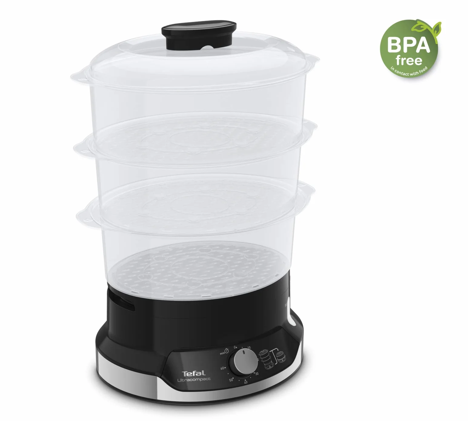 Tefal VC2048 Ultracompact parowar | system przechowywania w stos | zdrowe gotowanie | 3 nasadki bez BPA | timer 60-minutowy | napełnianie podczas gotowania | pojemność 9 l | w zestawie wkład do ryżu |