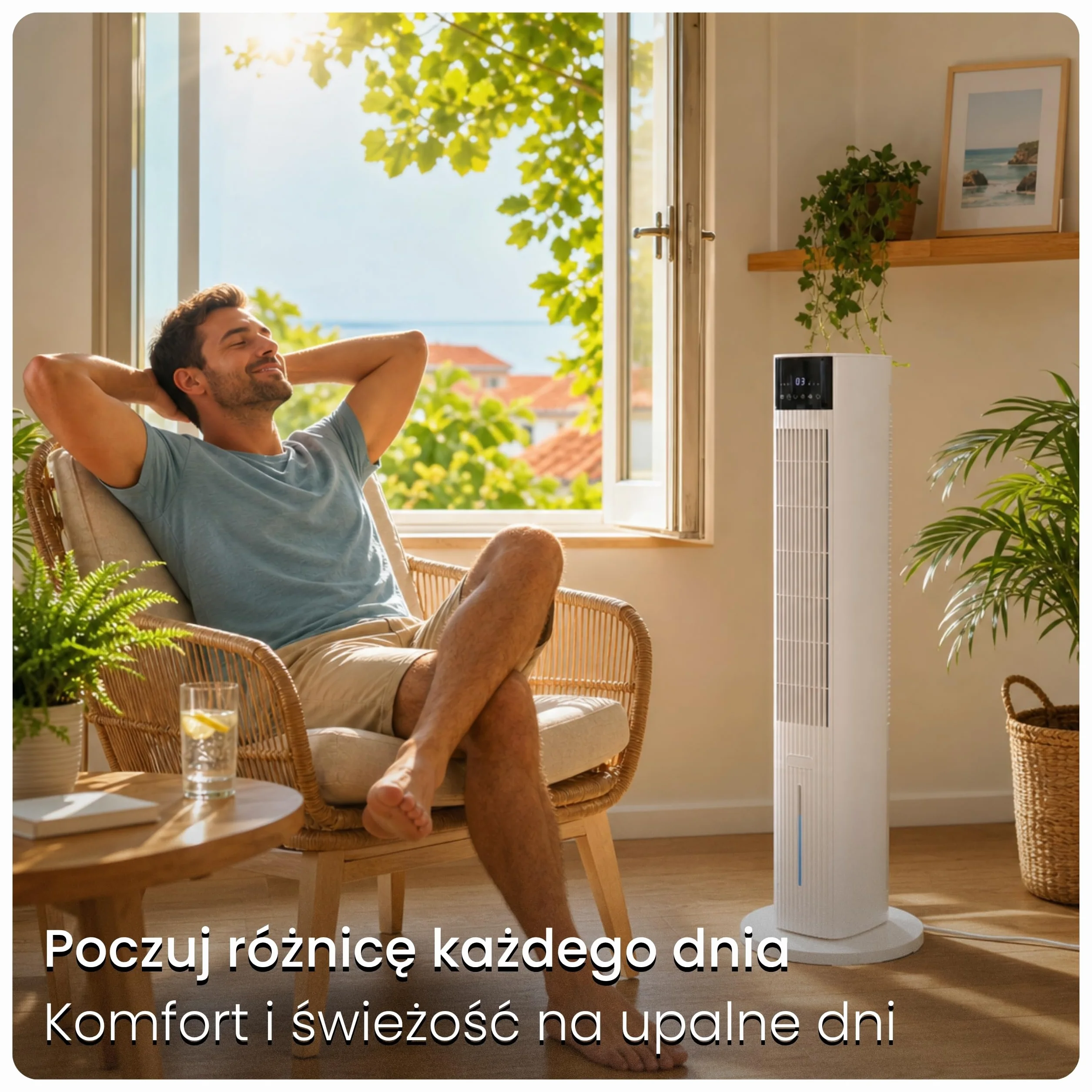 CoolAir Klimator Ewaporacyjny 5L z Chłodzeniem Wodnym - Inteligentny Wentylator Kolumnowy WiFi, Oscylacja 90°, Pilot, 65W - Przenośny Klimatyzator Pokojowy