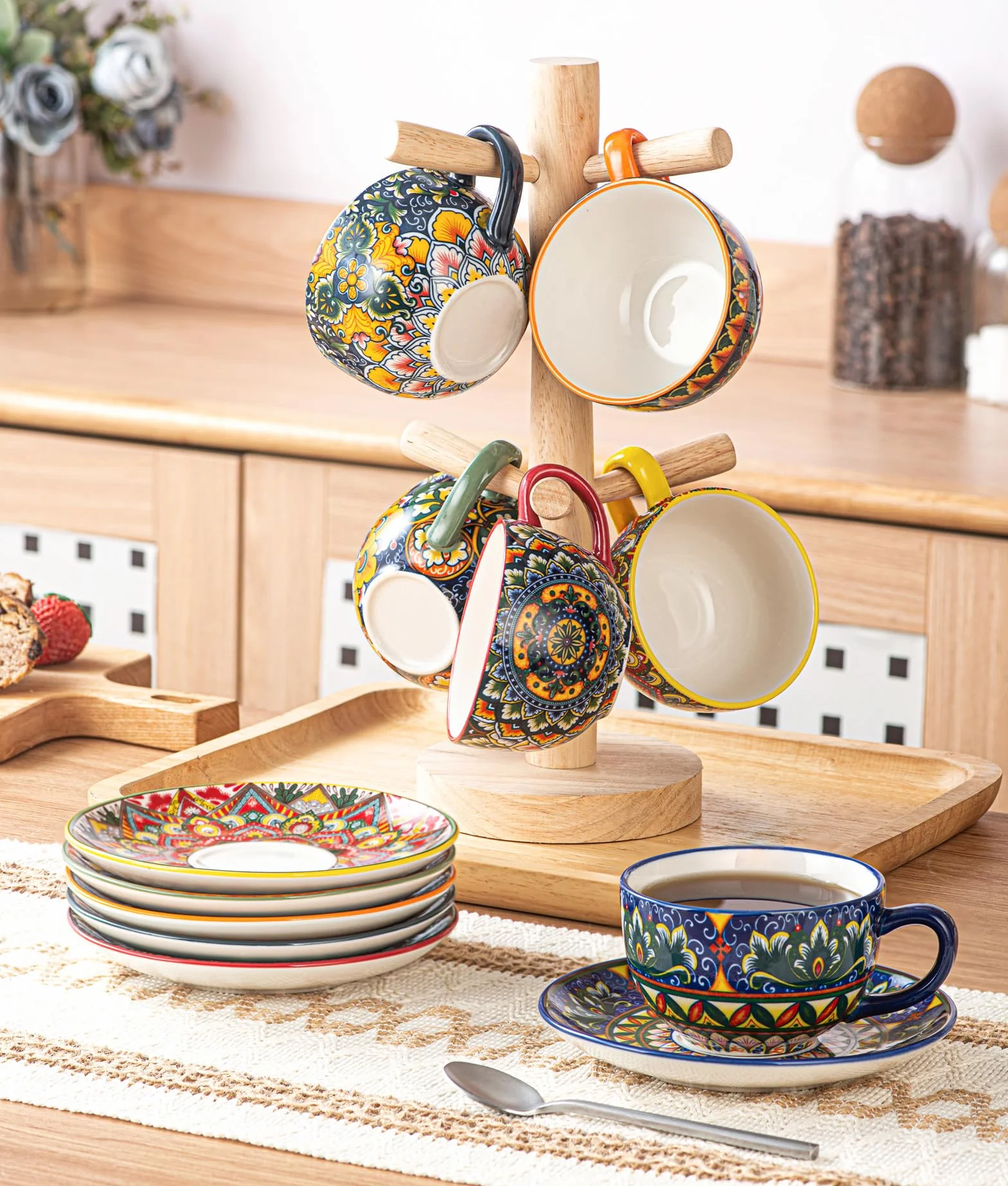 Henten Home Serwis do kawy z porcelany, 12-częściowy zestaw do kawy, kolorowy, ręcznie malowany, zestaw filiżanek do kawy dla 6 osób, zawiera filiżanki do kawy, spodki