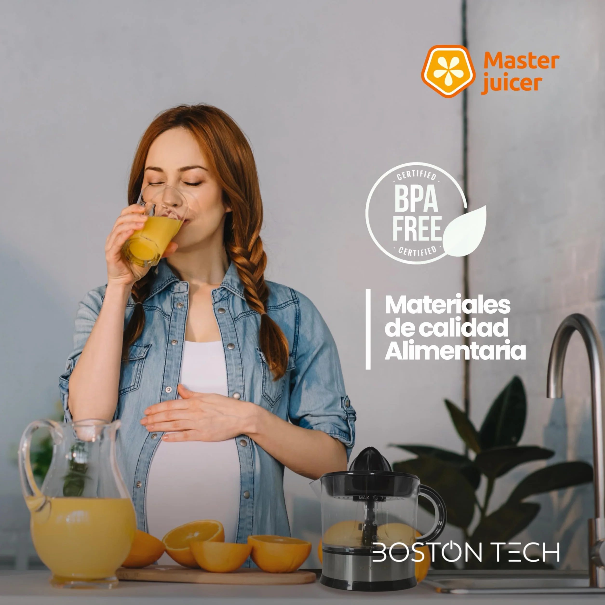 Boston Tech MasterJuicer elektryczna wyciskarka do cytrusów, 40 W, 2 stożki i nie zawiera BPA, 700 ml, wyciskarka do pomarańczy ze stali nierdzewnej, dwukierunkowa rotacja, wysoka wydajność soku i