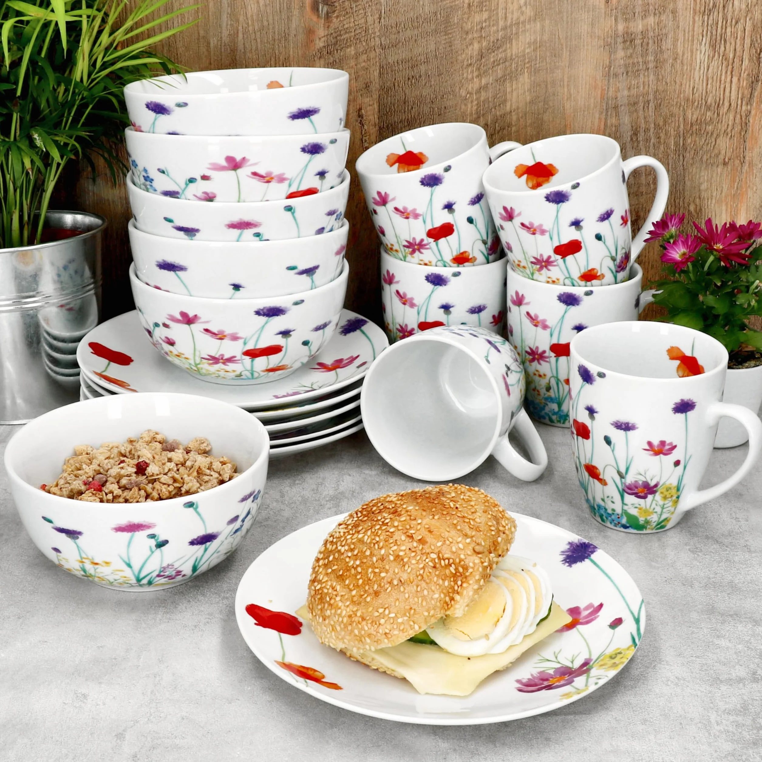 MamboCat Marie 18-częściowy zestaw śniadaniowy, porcelanowe naczynia z dekoracją łąki kwiatowej dla 6 osób, po 6 talerzy, miski 400 ml i kubki 320 ml, na śniadanie i kawę