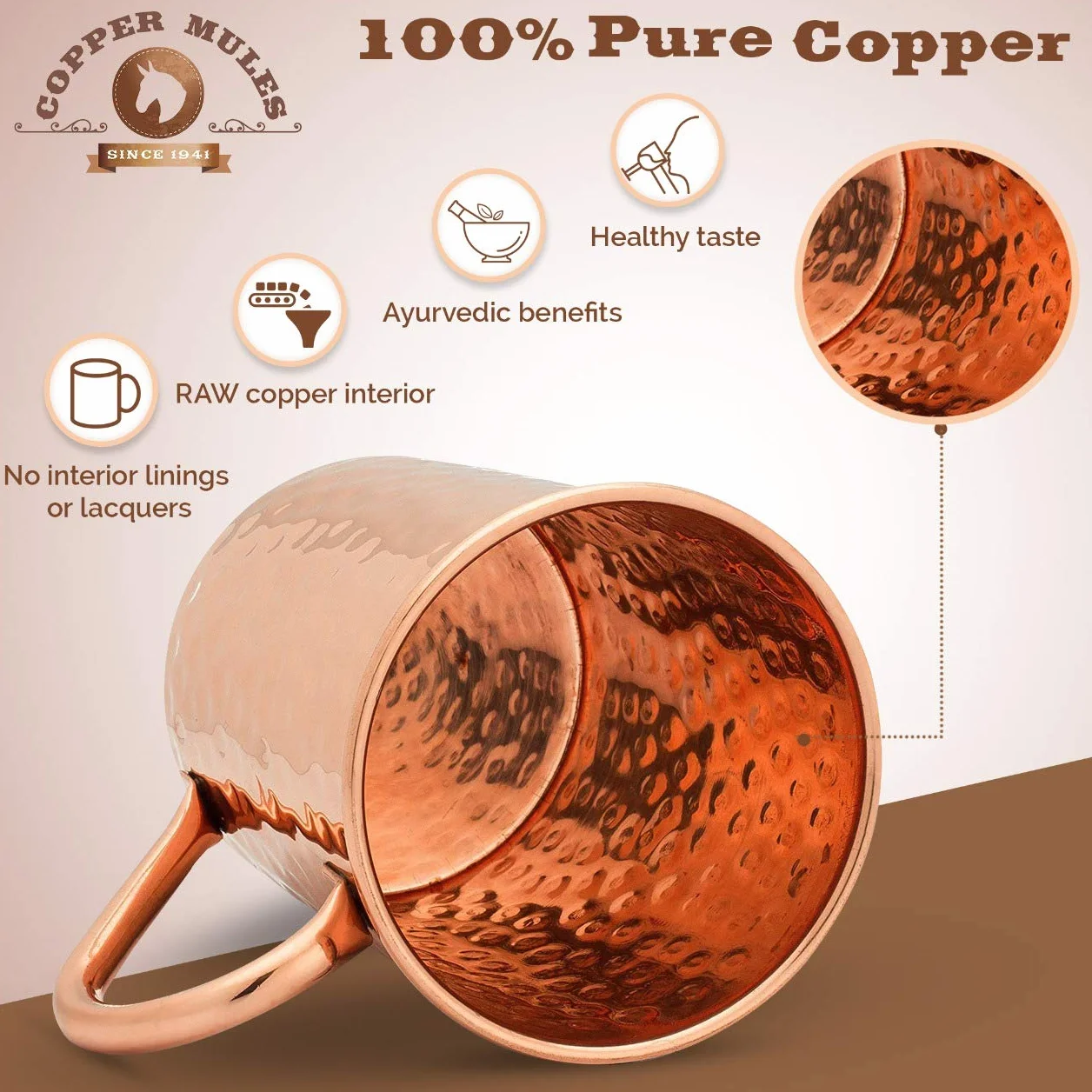 Miedziany kubek Copper Mules surowa miedź ręcznie młotkowany autentyczny nitowany uchwyt