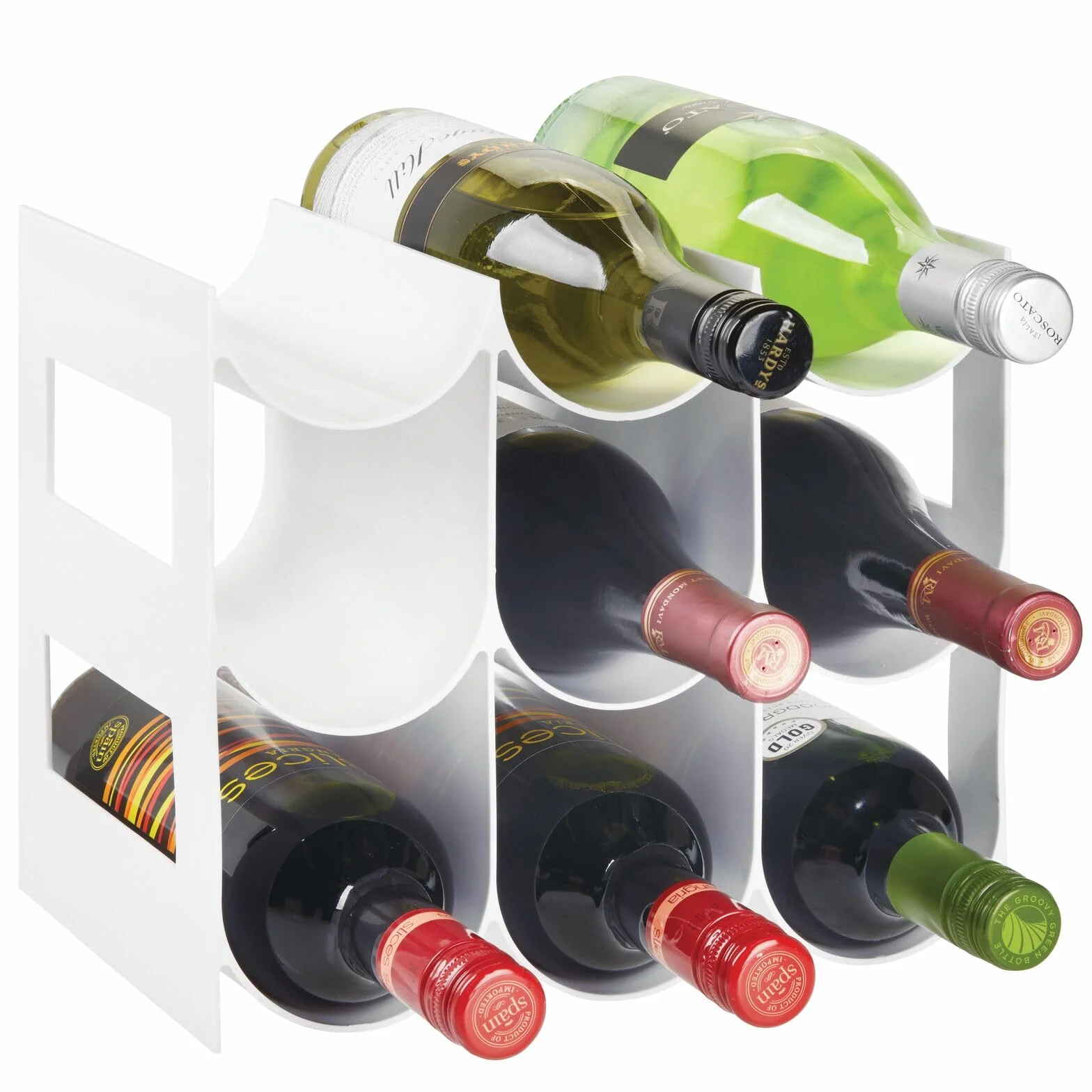 mDesign Stojak na wino - uchwyt na butelkę wody i wina do blatów roboczych, spiżarni i lodówek, stojak do przechowywania wina z 3 poziomami i 9 przegródkami - biały
