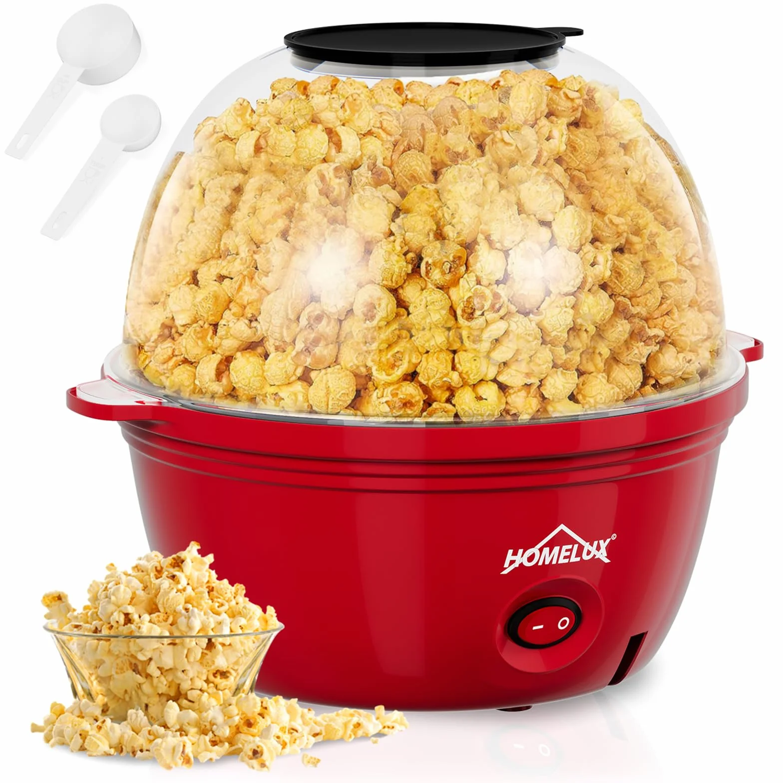 HOMELUX Maszyna do popcornu 450 W, z miarką z powłoką zapobiegającą przywieraniu, do domu, na imprezę, dla dzieci, pokrywka jako miska do serwowania, cicha i szybka czerwień