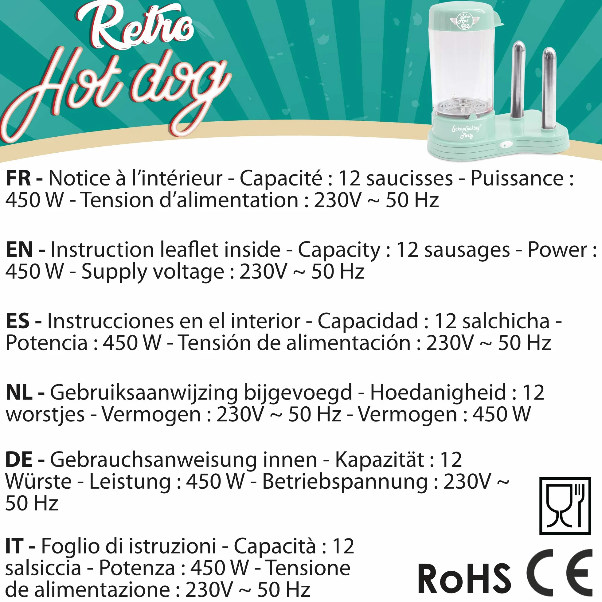 SCRAP COOKING 601 Hot Dogs maszyna na 12 kiełbasek i 2 chleba, styl retro, vintage, grillowanie, imprezy, karby, zielony, tworzywo sztuczne nadające się do kontaktu z żywnością, biała
