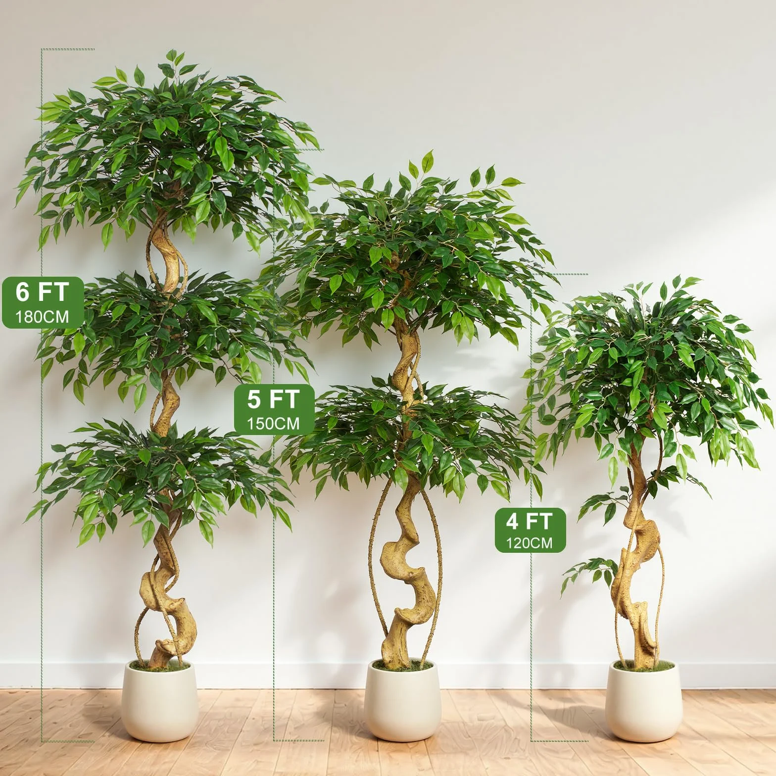 Sztuczna roślina Ficus, 180 cm, z białą doniczką, duże jak prawdziwe, z zakrzywionym pniem i 1860 liśćmi, sztuczne drzewo do dekoracji wnętrz, salonu, sypialni, biura, ogrodu, domu