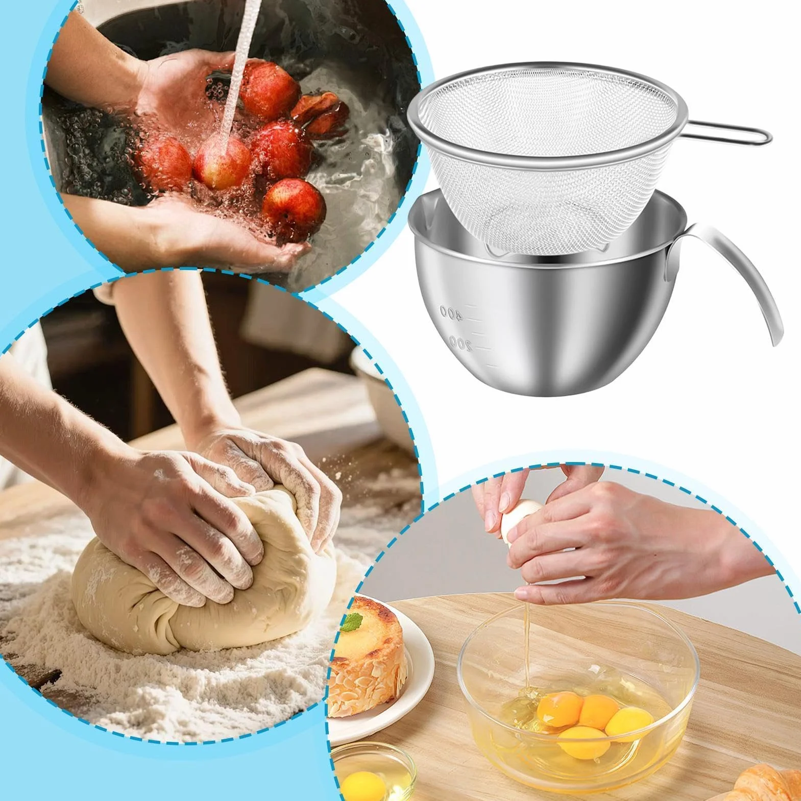 Mixing Bowl Set, Stainless Steel Colander, Draining Basket Bowl, Handle Strainer Bowls, Kitchen Prep Mixing Bowls, Food Washing Tool