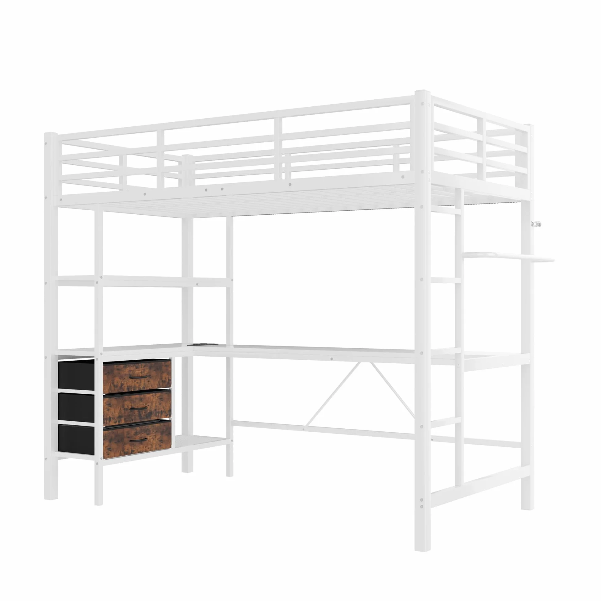 Łóżko piętrowe 90 x 200 cm, z 3 szufladami i biurkiem, funkcjonalne z poręczą i drabinką, kilka półek i wieszaków na ubrania, bez materaca, stabilna metalowa rama (białe, 90 x 200 cm)