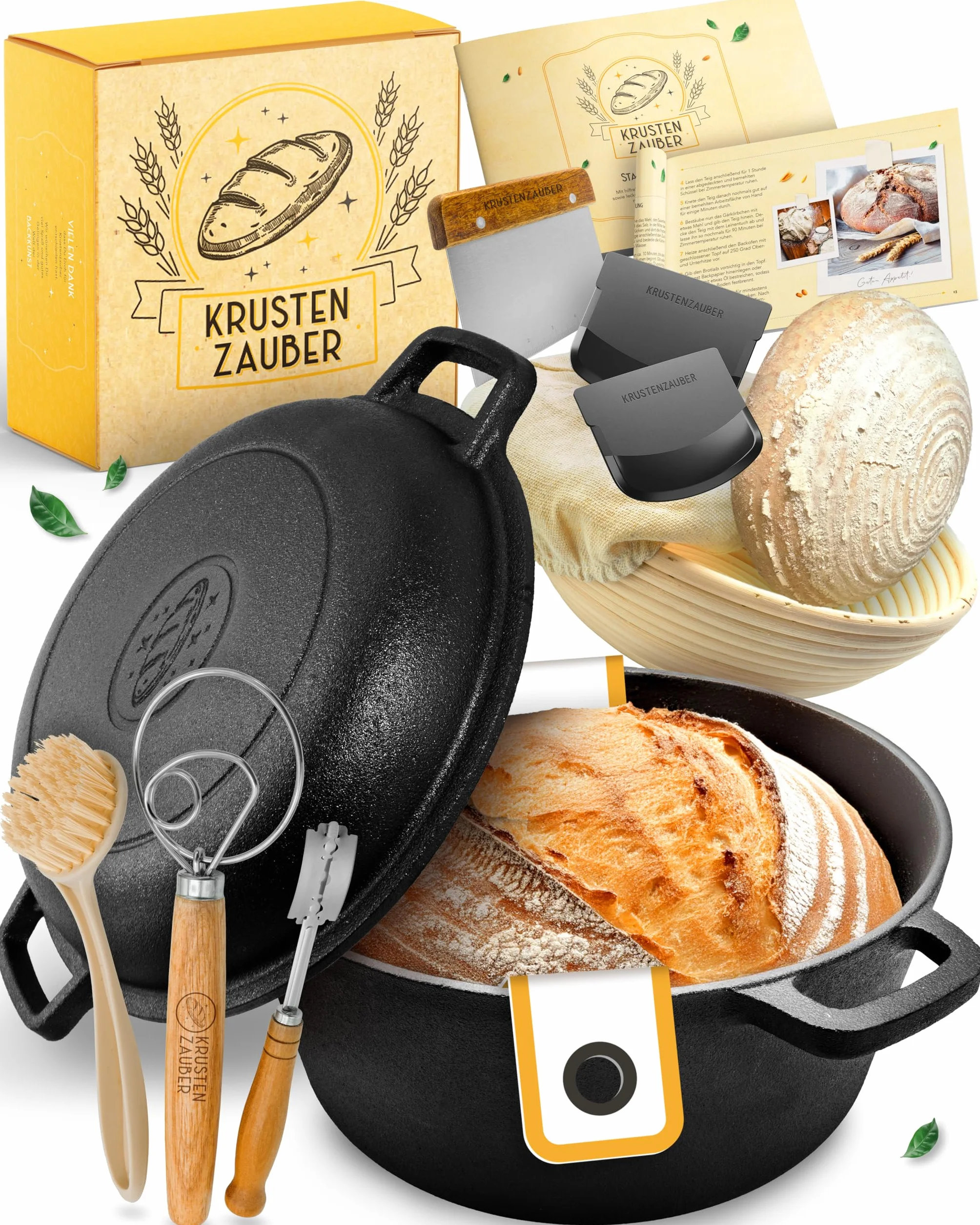 KRUSTENZAUBER Garnek żeliwny do pieczenia chleba w XXL zestawie - formy do pieczenia chleba z pokrywką w tym koszyk do garowania, trzepaczka, nóż piekarski, skrobak do ciasta, pętla do chleba i więcej