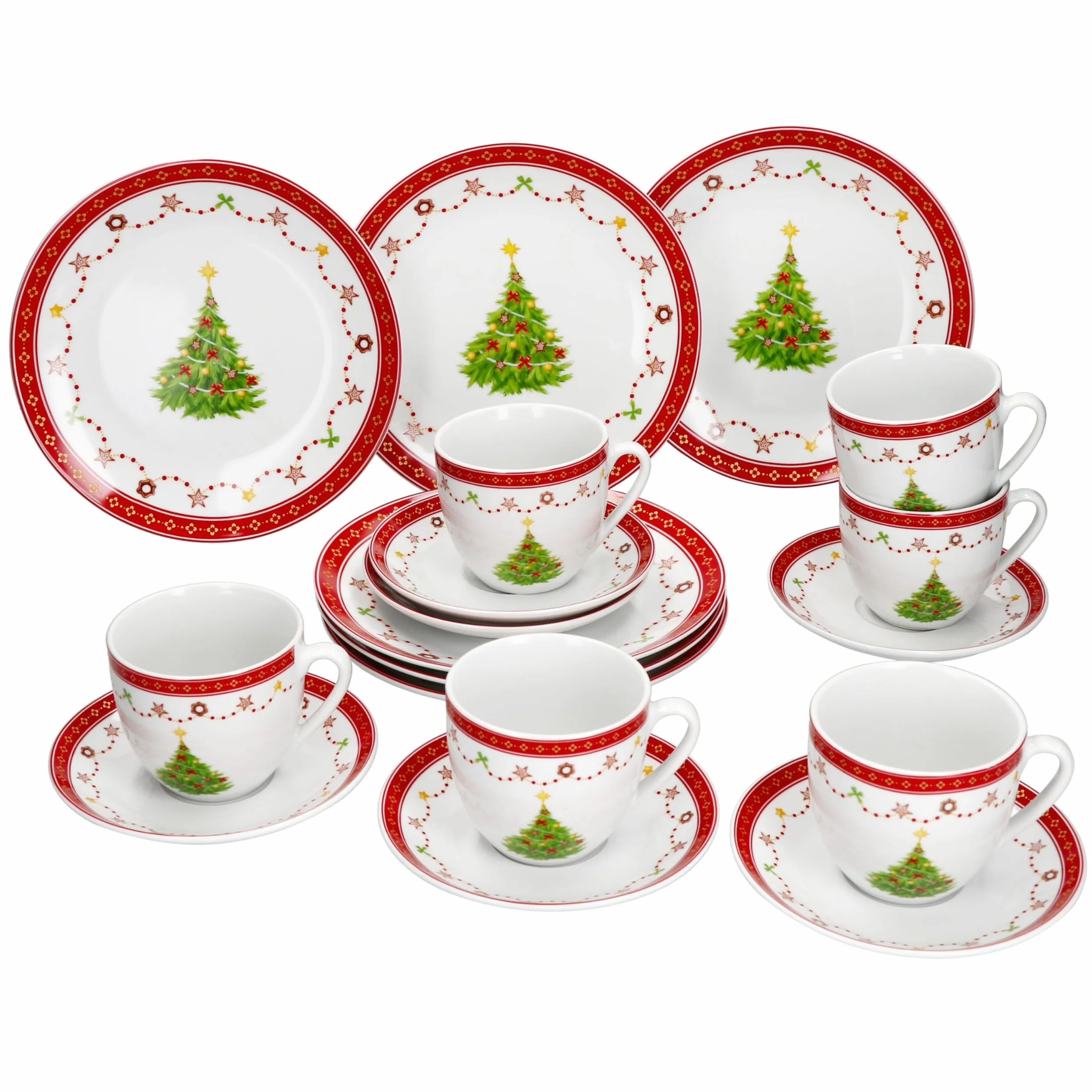 MamboCat Weihnachtstraum 18-częściowy serwis do kawy, porcelanowy zestaw do kawy dla 6 osób z dekoracją bożonarodzeniową, po 6 filiżanek do kawy 190 ml, spodki i talerze do ciasta, naczynia na Boże