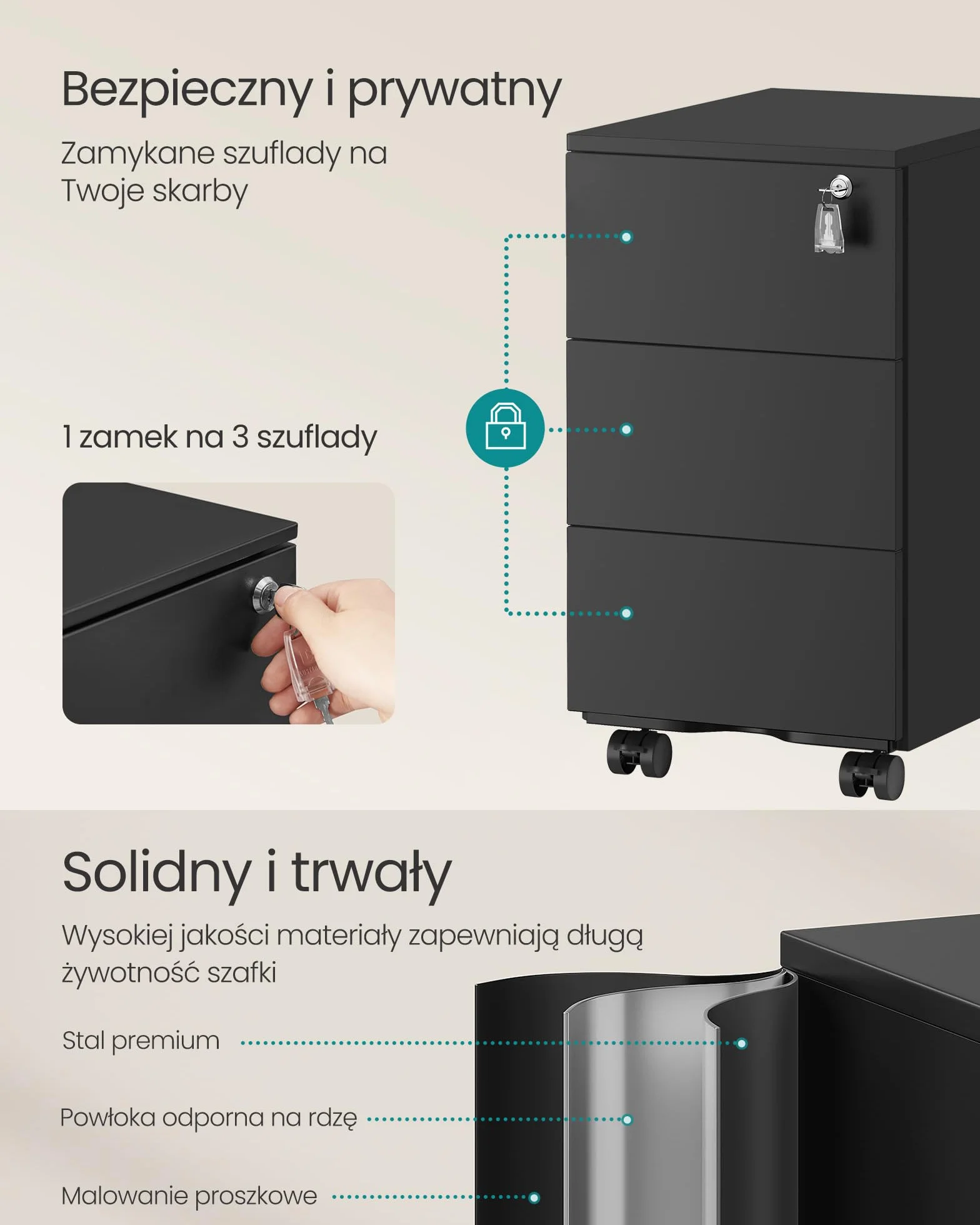 SONGMICS Szafka z szufladami, Mobilna szafka na dokumenty, Szafka metalowa, Stół pod drukarkę, Zamykana, 3 szuflady, Wstępnie zmontowana, Biuro, Biuro domowe, 40 x 30 x 54 cm, Matowa czerń OFC079B01