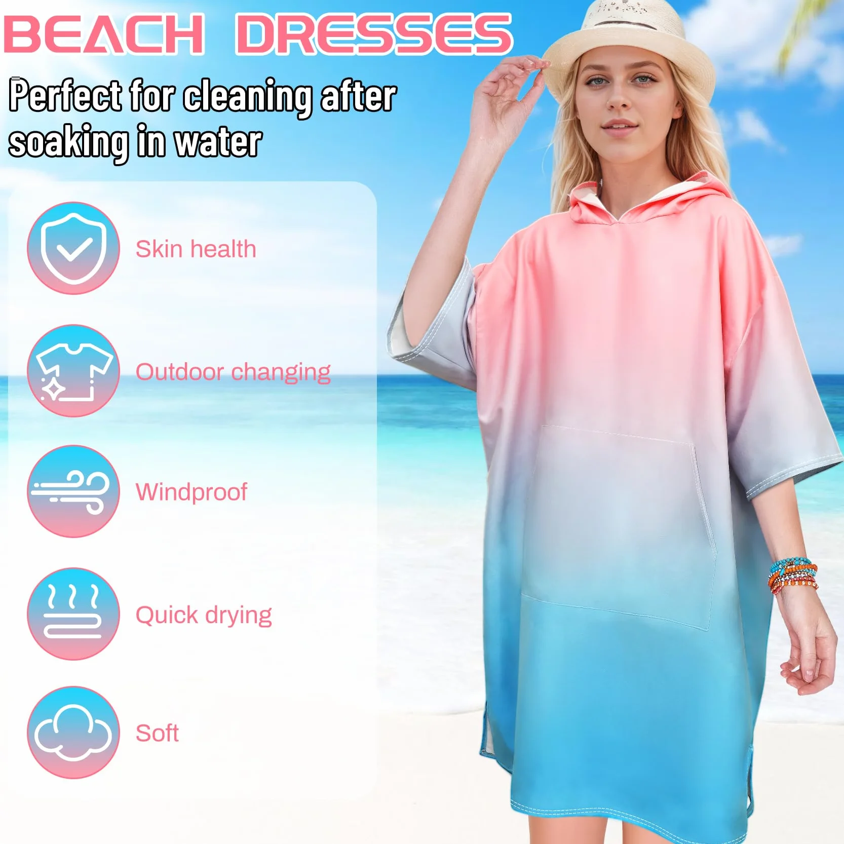 Ponczo plażowe dla surferów, ponczo szybkoschnący ręcznik z mikrofibry, pomoc do szatni, ultralekkie ponczo surfingowe, ponczo kąpielowe dla dorosłych, gradient różowy