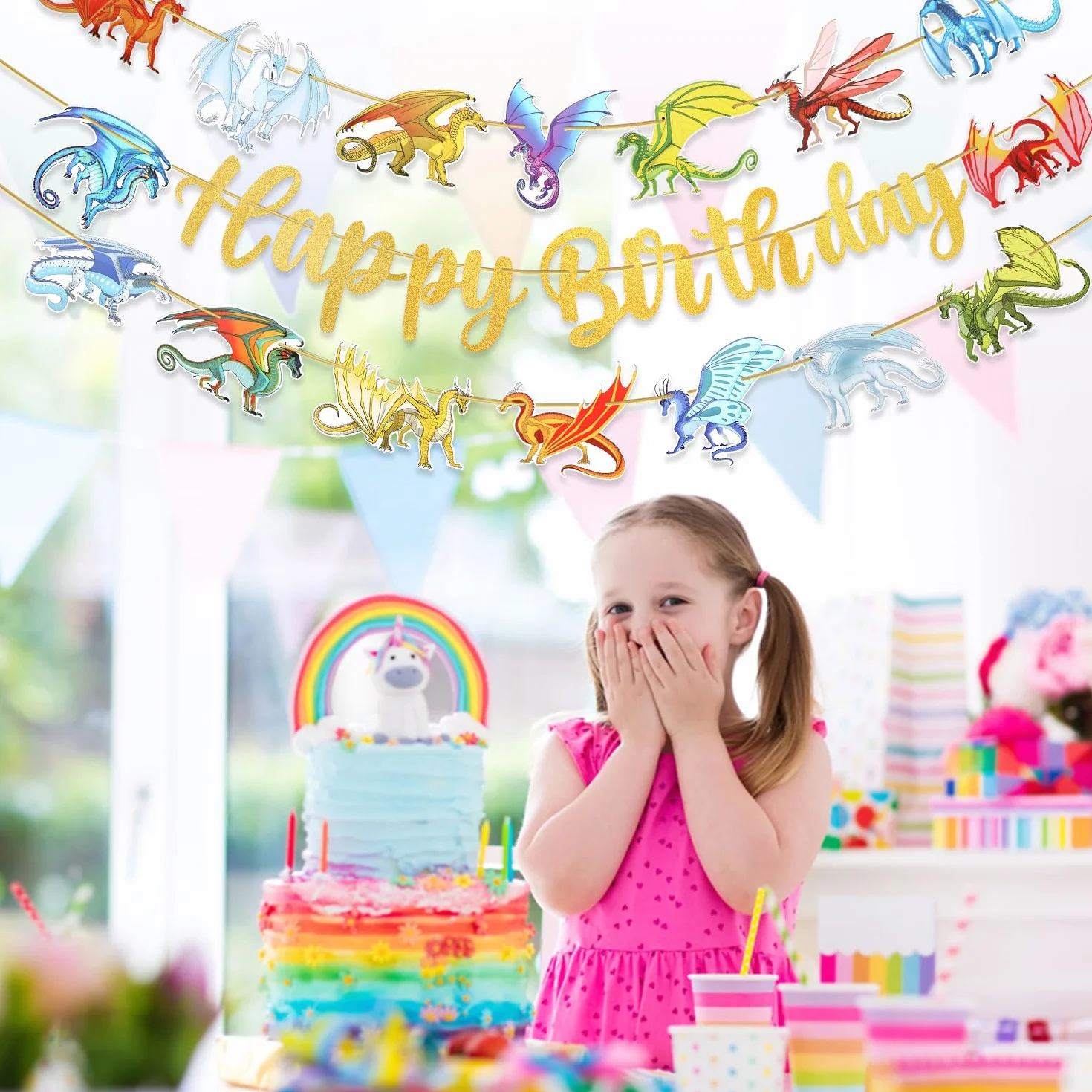 Baner Urodzinowy Dragon Happy Birthday Banner, Zólta Czcionka Dekoracje Urodzinowe Dragon Sznurek Wiszacy Baner Urodzinowy Dragon na Impreze Tematyczna Dragon i Akcesoria na Baby Shower
